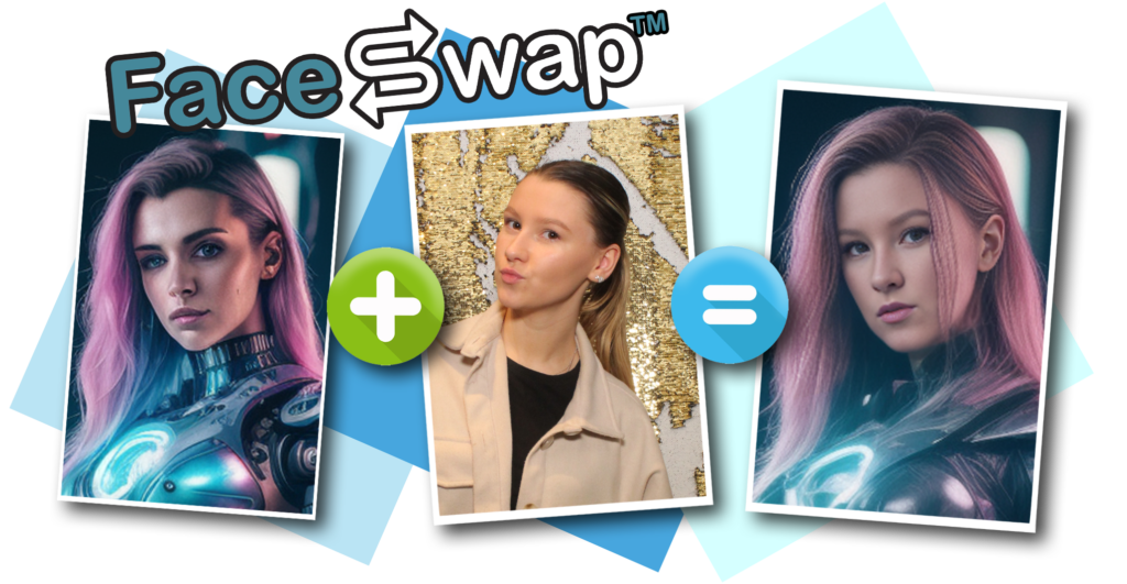 FaceSwap banner: a stylised cyberpunk portrait, plus a photo booth guest's photo, equals the guest's face on the cyberpunk character.