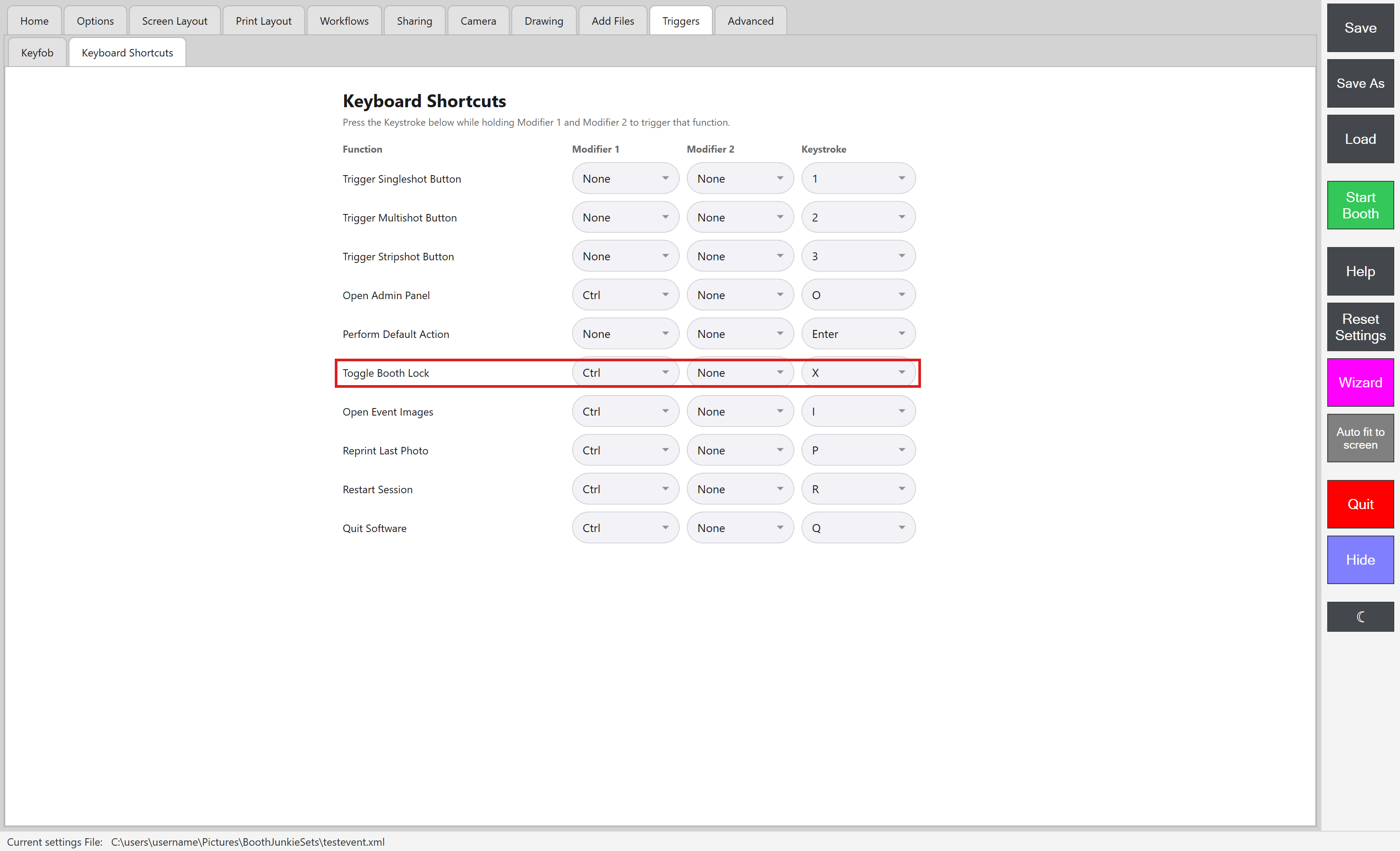 Admin Panel -> Triggers -> Keyboard Shortcuts, with the Lock Screen binding highlighted