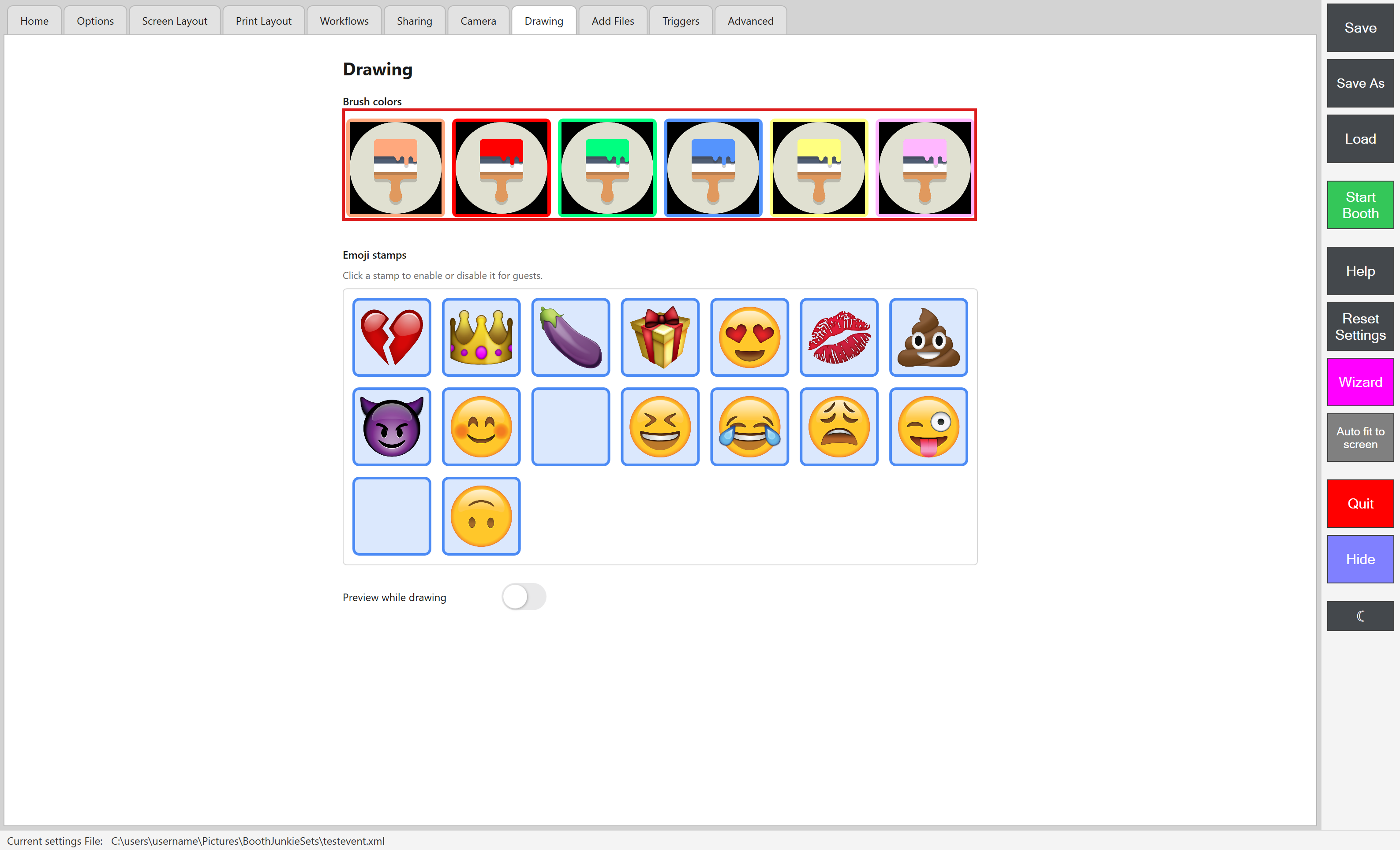 Admin Panel -> Drawing tab, with the six colour swatches highlighted