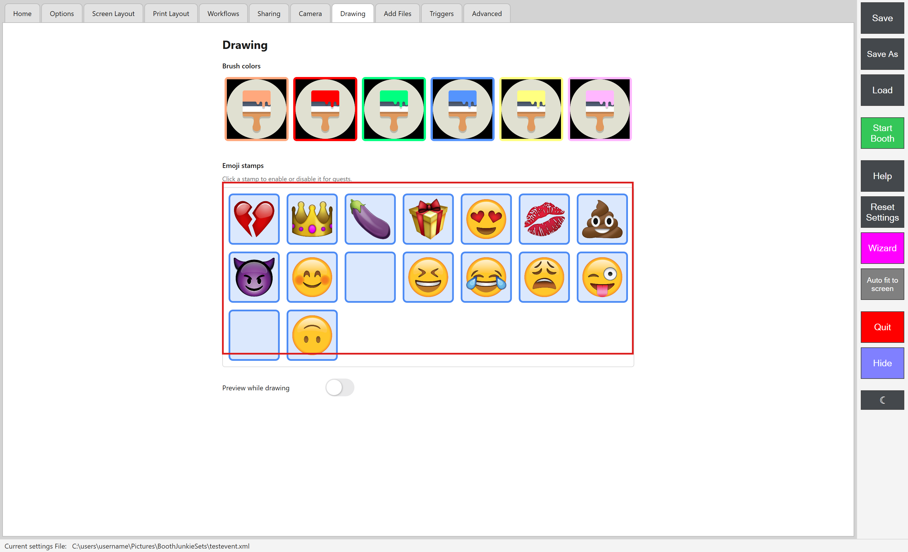 Admin Panel -> Drawing tab, with the emoji stamp grid highlighted