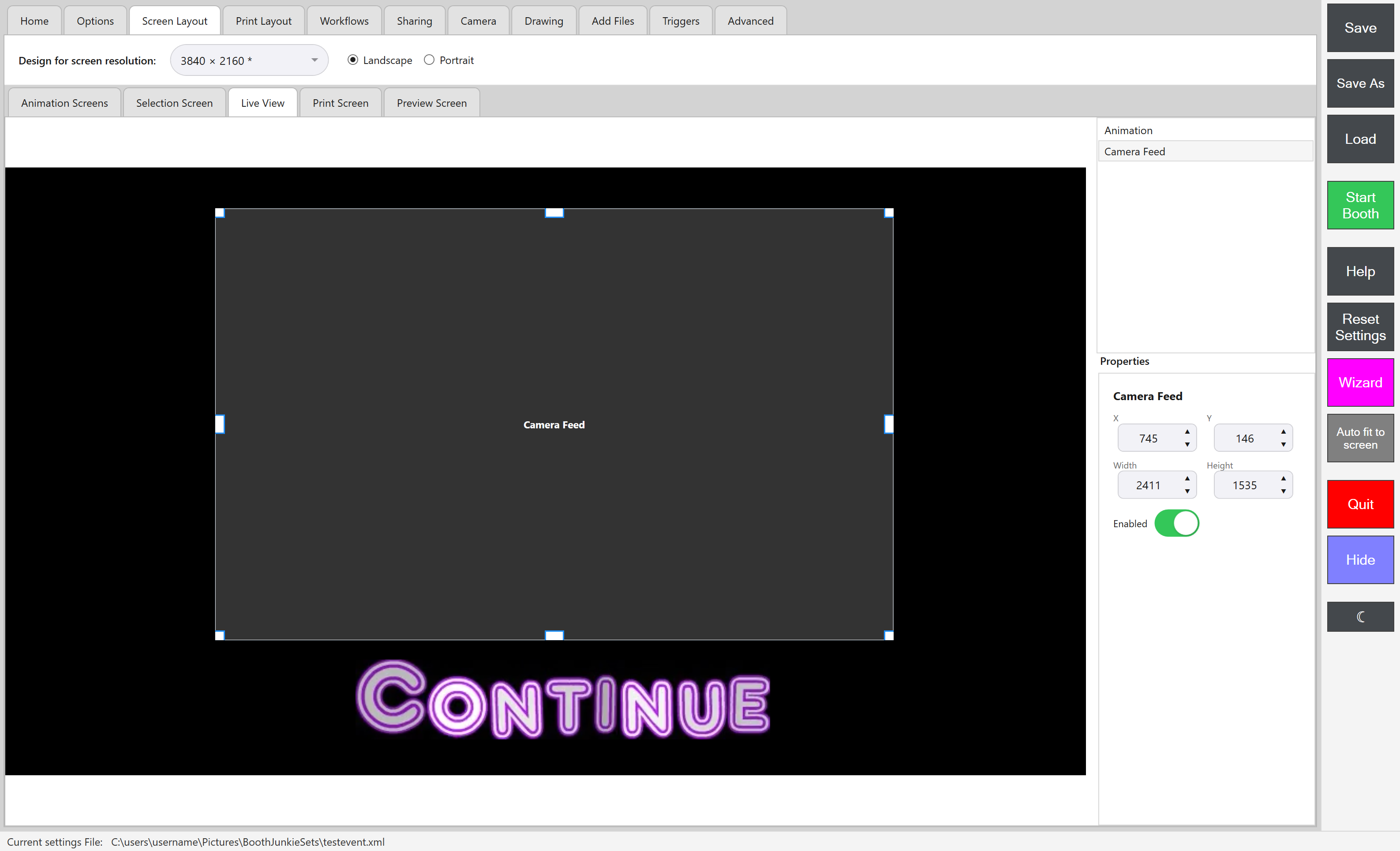 Admin Panel -> Screen Layout -> Live View, showing where the camera feed is positioned