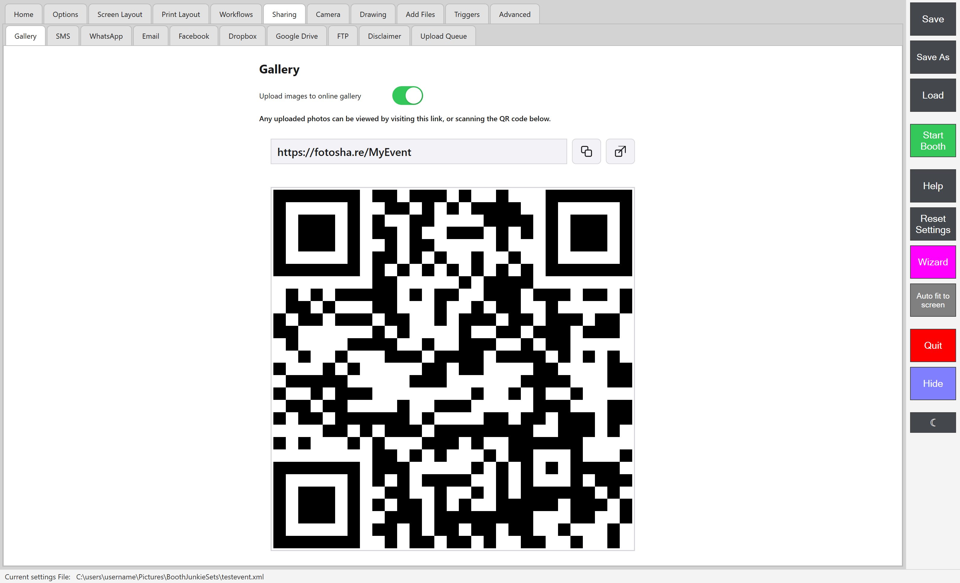 Admin Panel -> Sharing -> Gallery, showing the link and QR code for the current event
