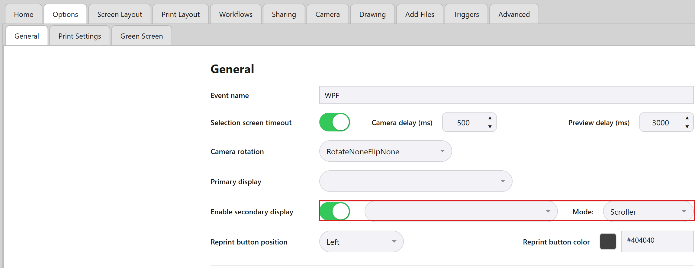 Admin Panel -> Options -> General, with the secondary display controls highlighted