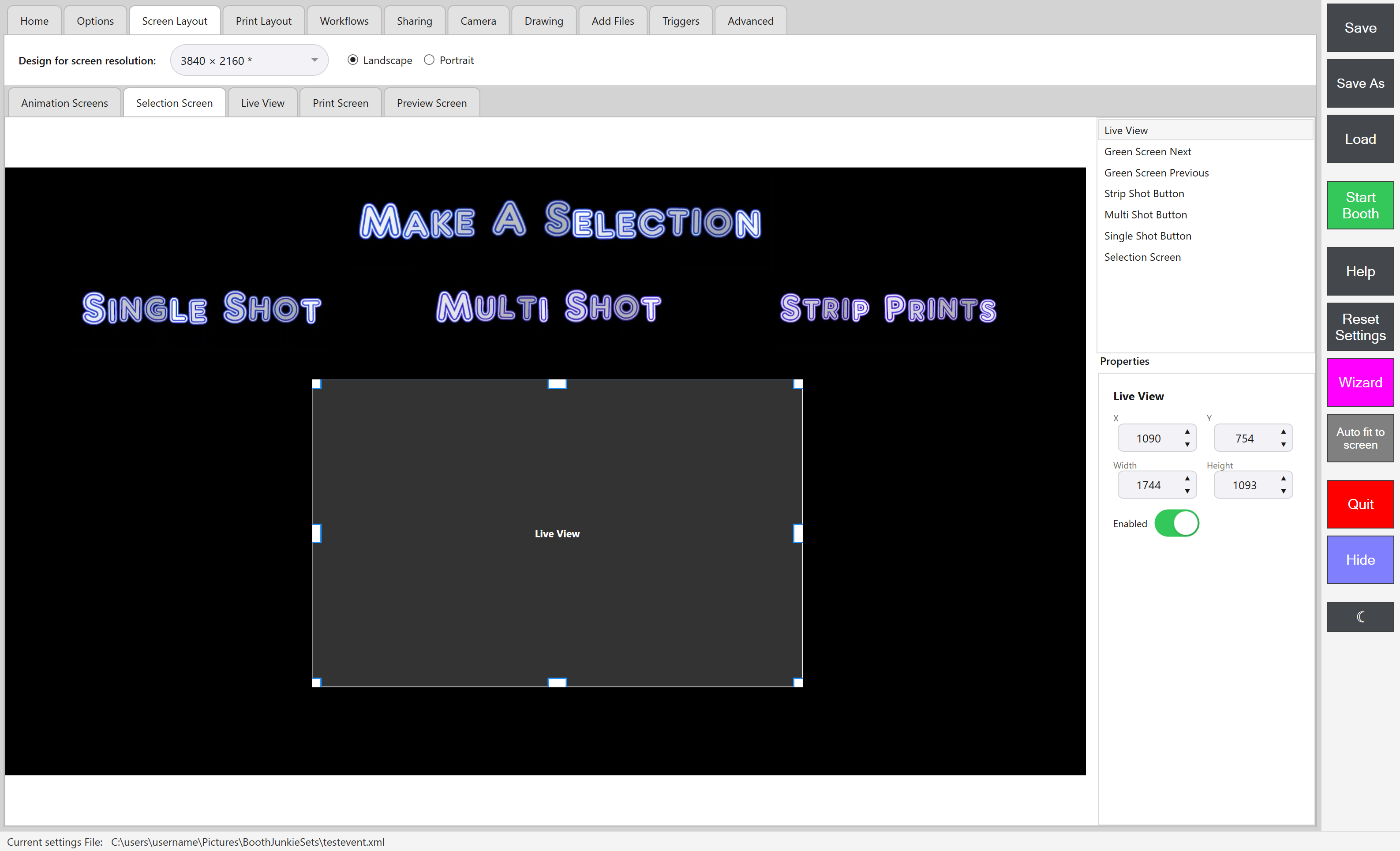 Admin Panel -> Screen Layout -> Selection Screen, showing the shot-type buttons, Live View placeholder, and Green Screen Next/Previous controls