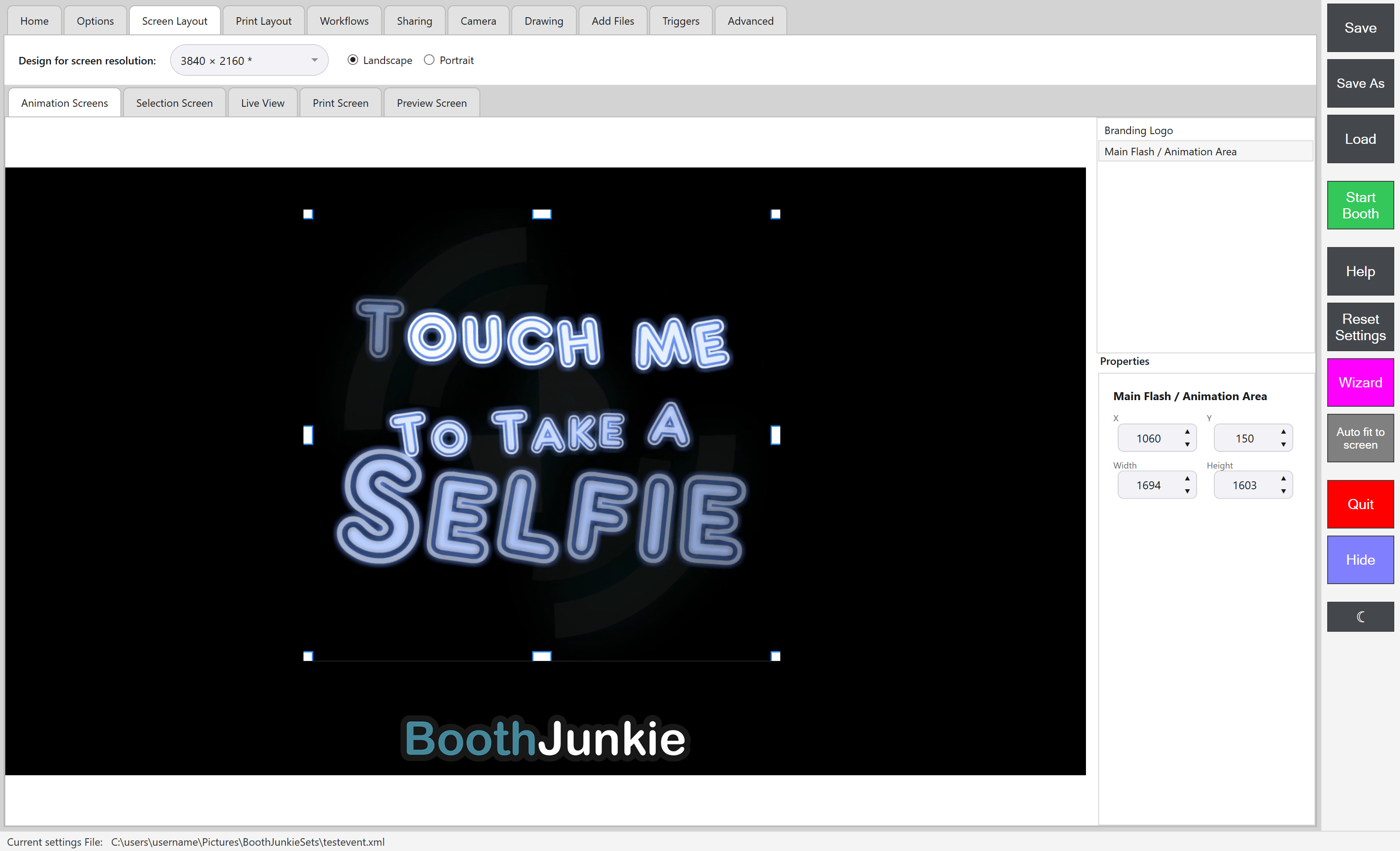 Admin Panel -> Screen Layout -> Animation Screens, showing the Branding Logo and Main Animation Area