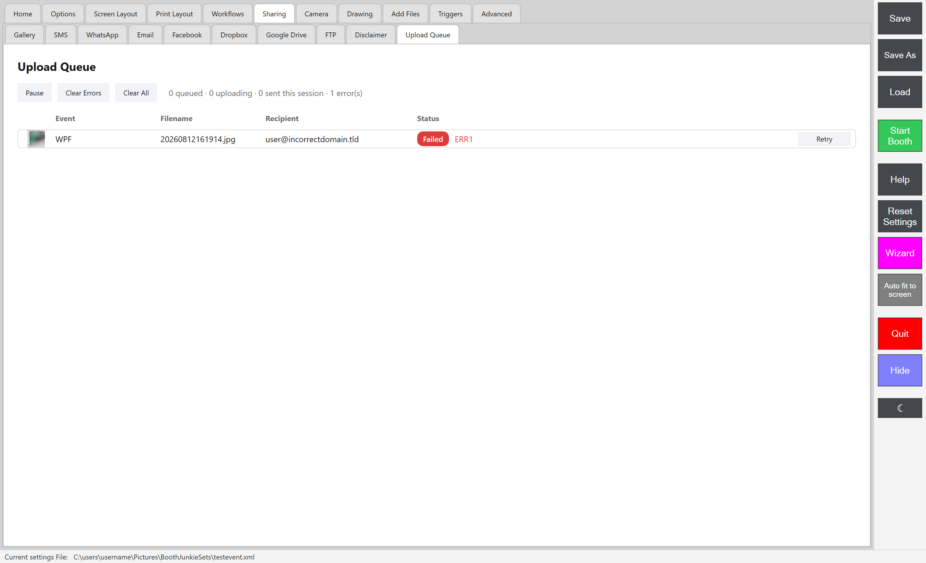 The Upload Queue screen, showing a failed upload with its error code and Retry option