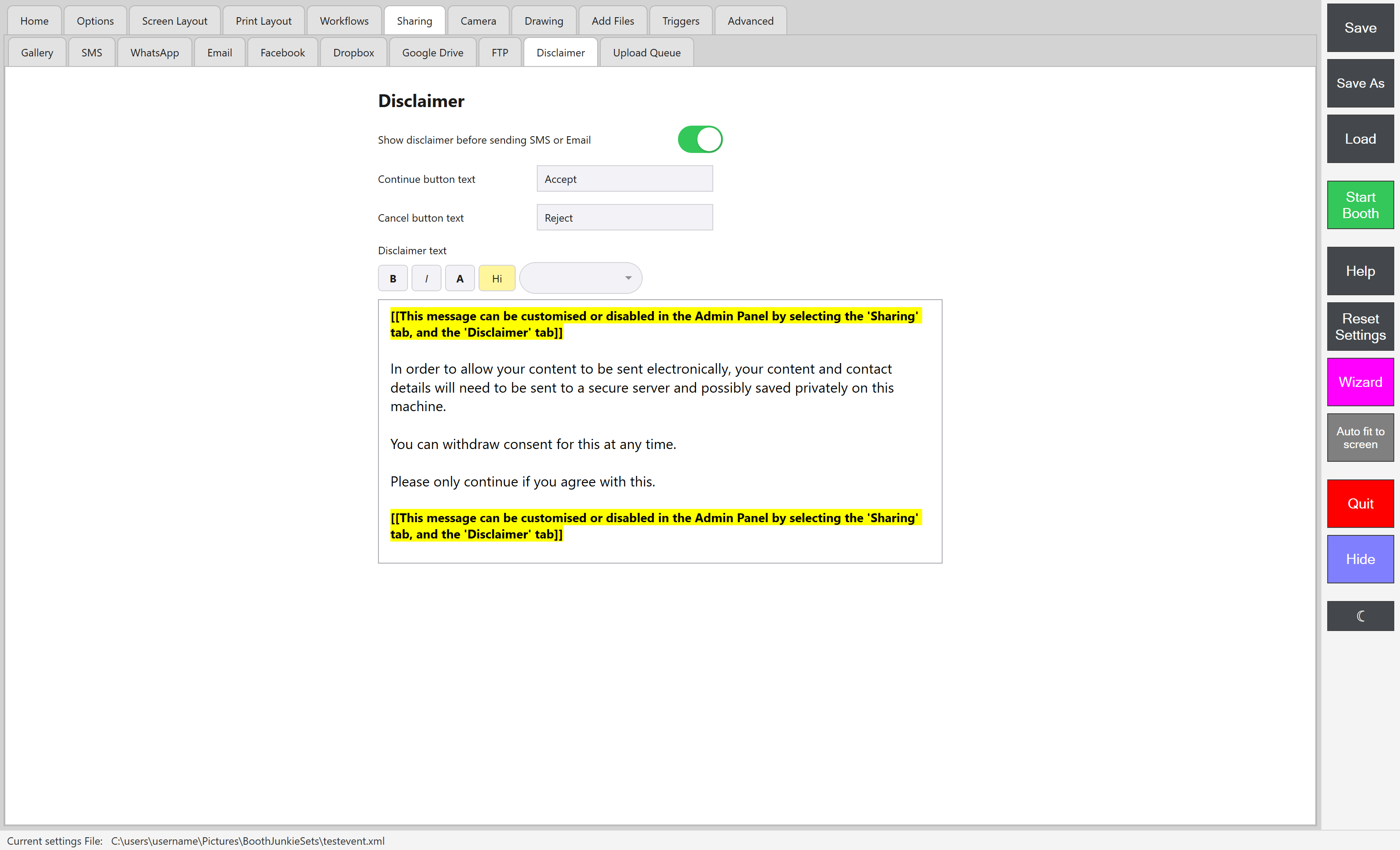 Admin Panel -> Sharing -> Disclaimer, showing the rich-text editor and the Continue/Cancel button labels