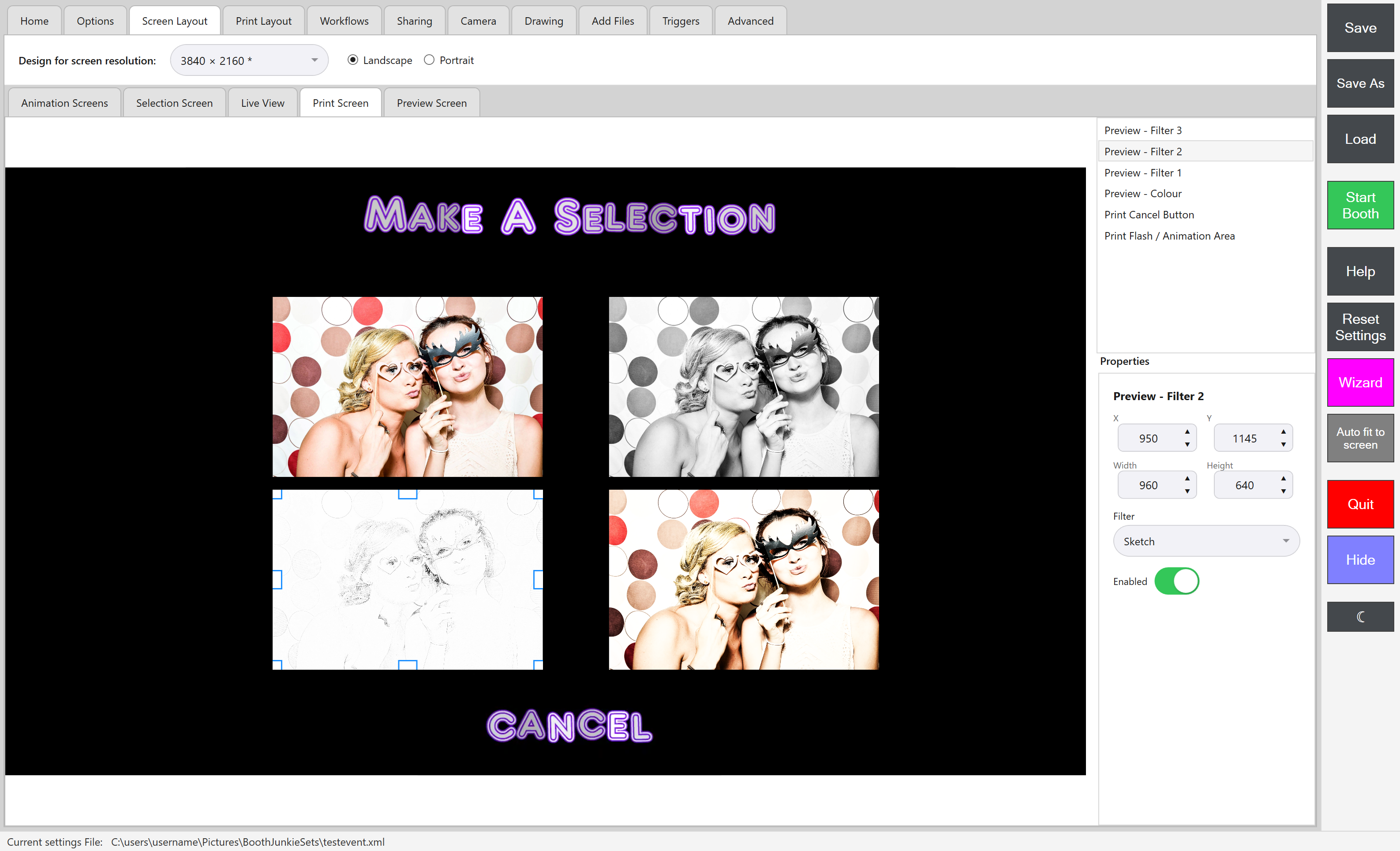 Admin Panel -> Screen Layout -> Print Screen, showing the filter preview boxes