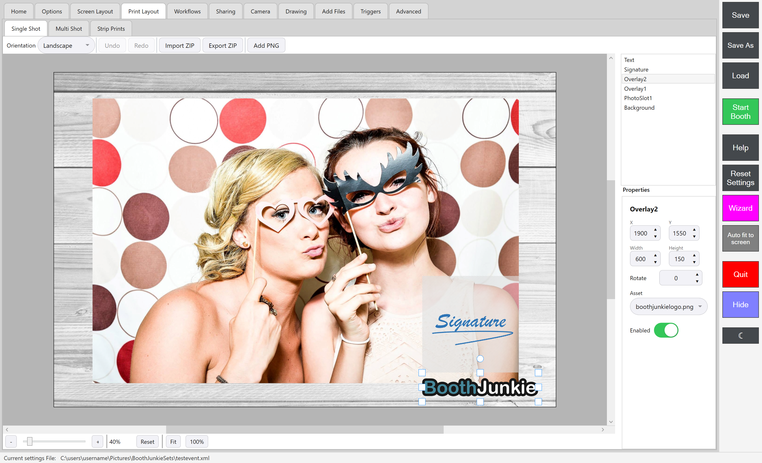 The Print Layout template editor, showing the layered canvas and the position/size sidebar