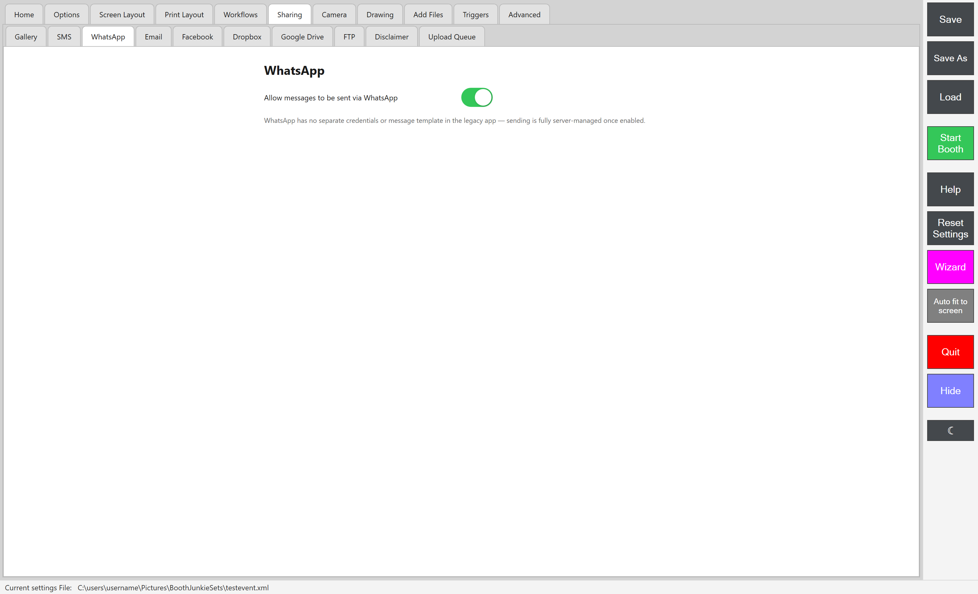 Admin Panel -> Sharing -> WhatsApp, showing the single toggle