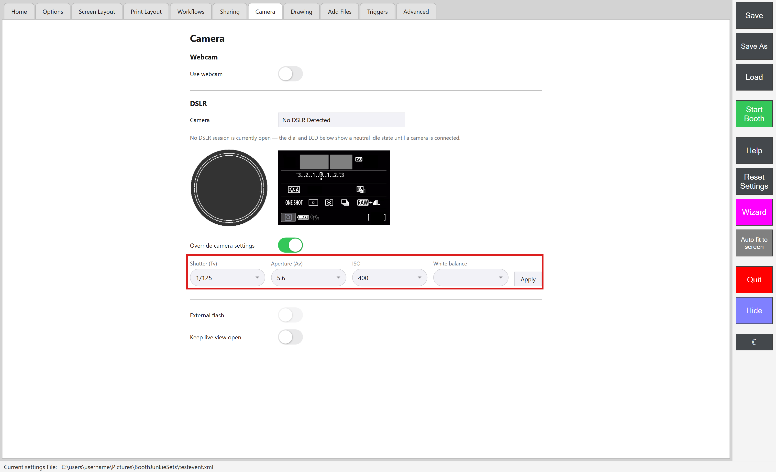 Admin Panel -> Camera tab, with the override controls and Apply button highlighted