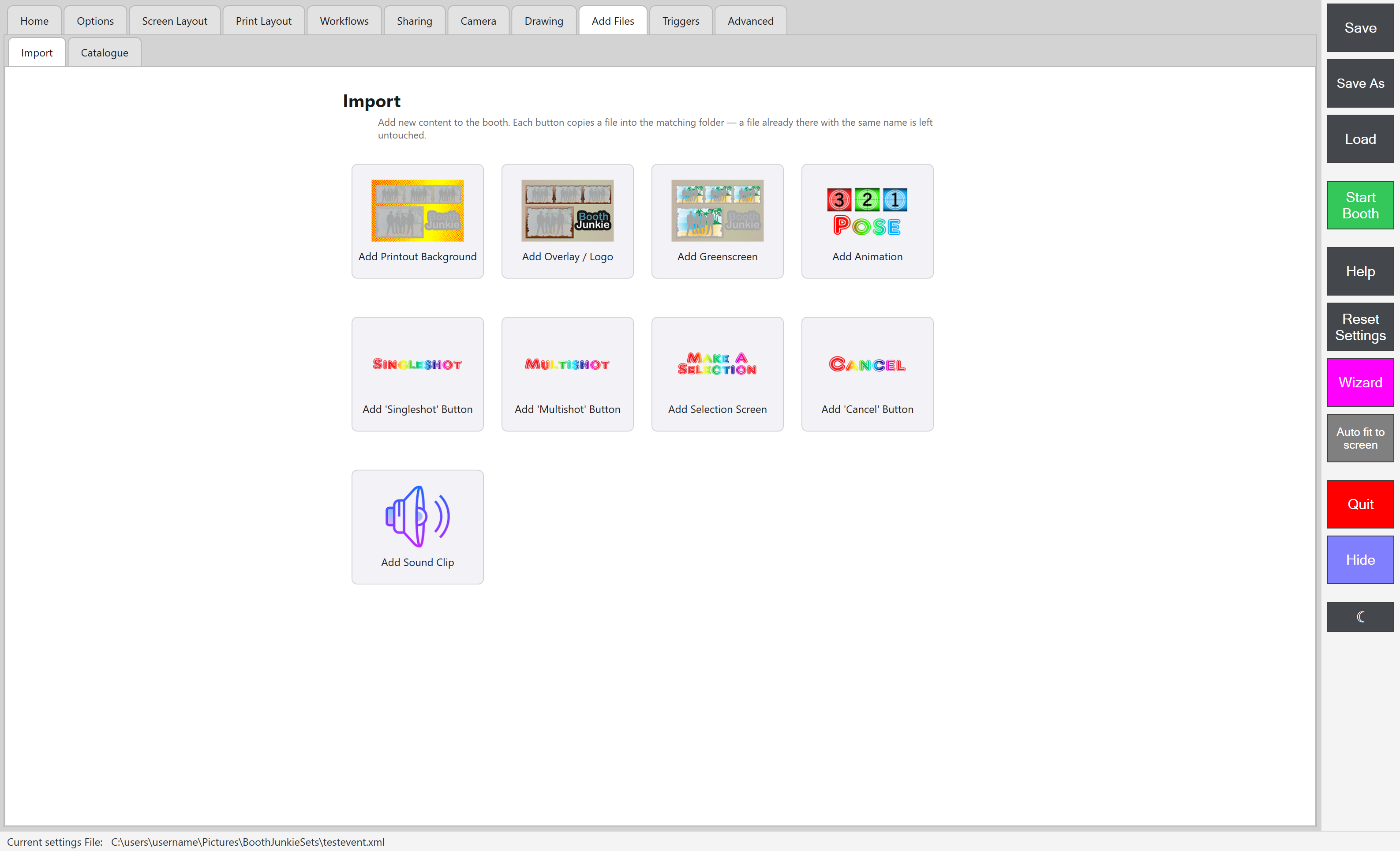 Admin Panel -> Add Files -> Import, showing all 9 import buttons