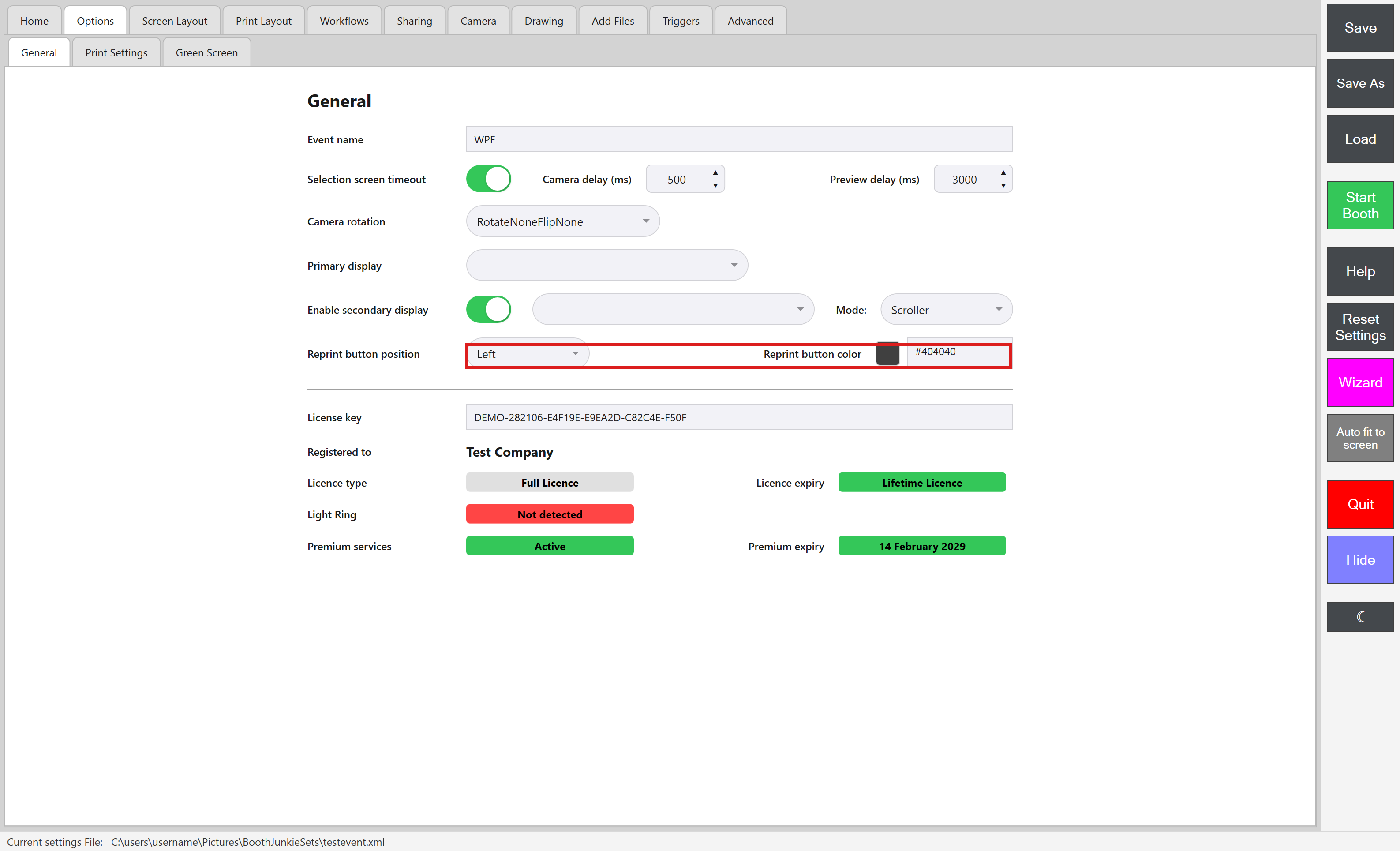 Admin Panel -> Options -> General, with Reprint button position/colour highlighted