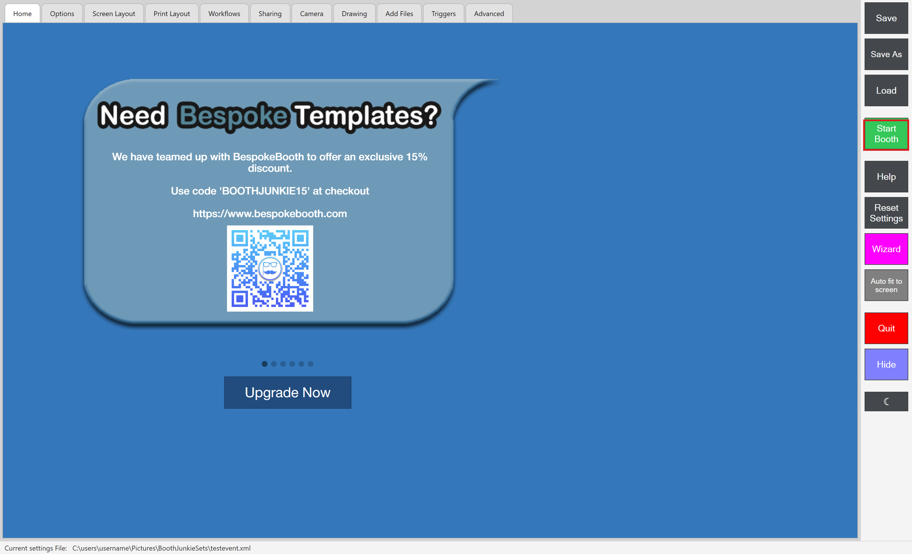Admin Panel, with the Start Booth button highlighted