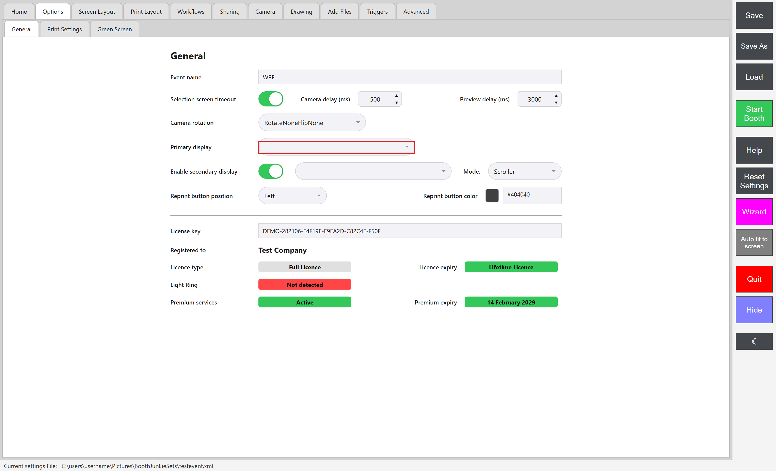 Admin Panel -> Options -> General, with Primary display highlighted
