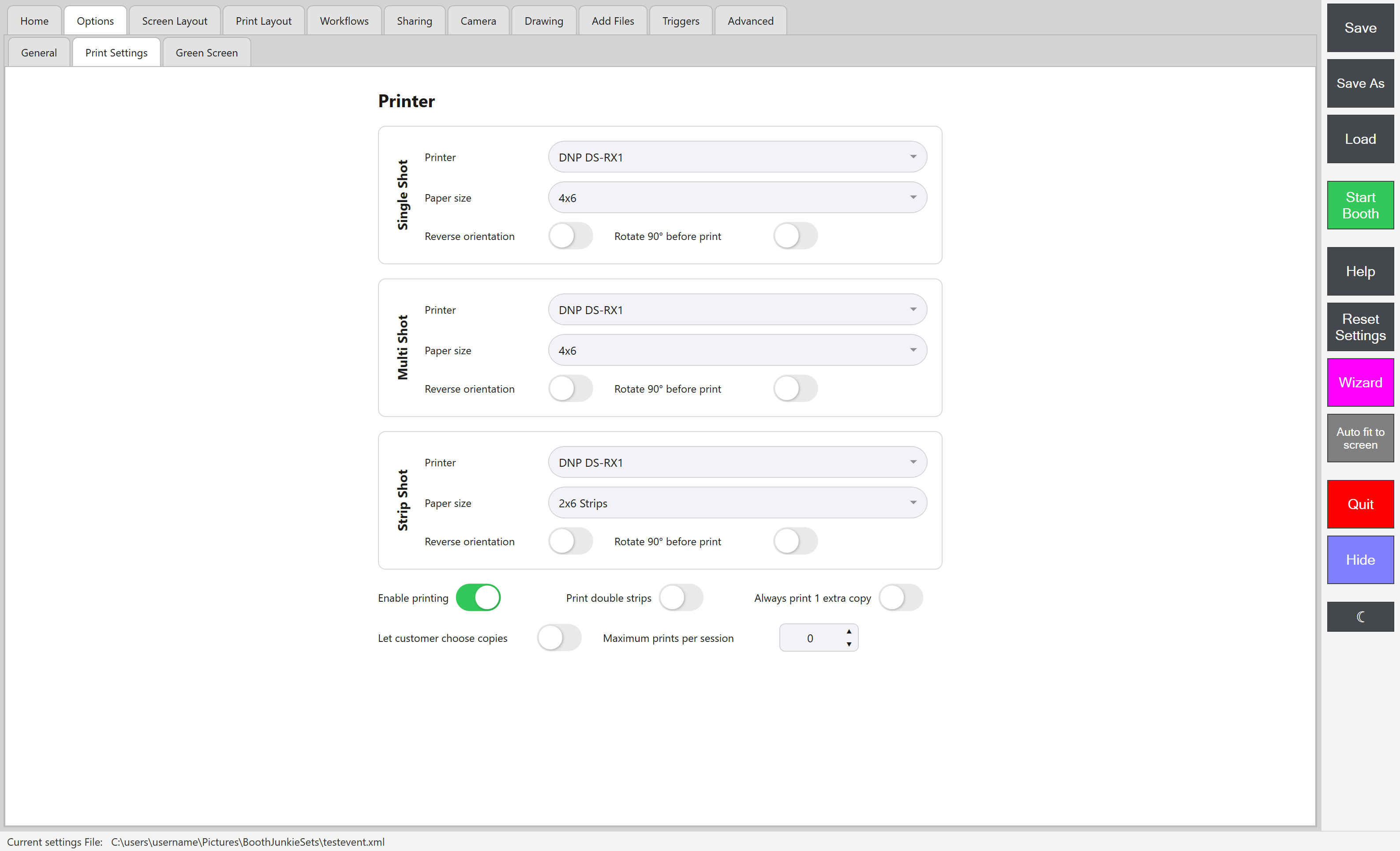 Admin Panel -> Print Settings, showing the per-shot-type printer and paper size controls