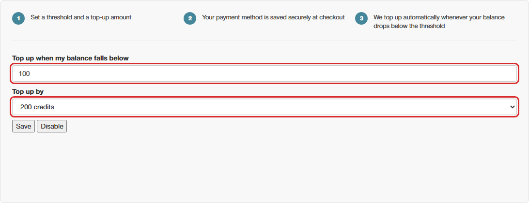 The Auto Top-up form, with the threshold and top-up amount fields highlighted