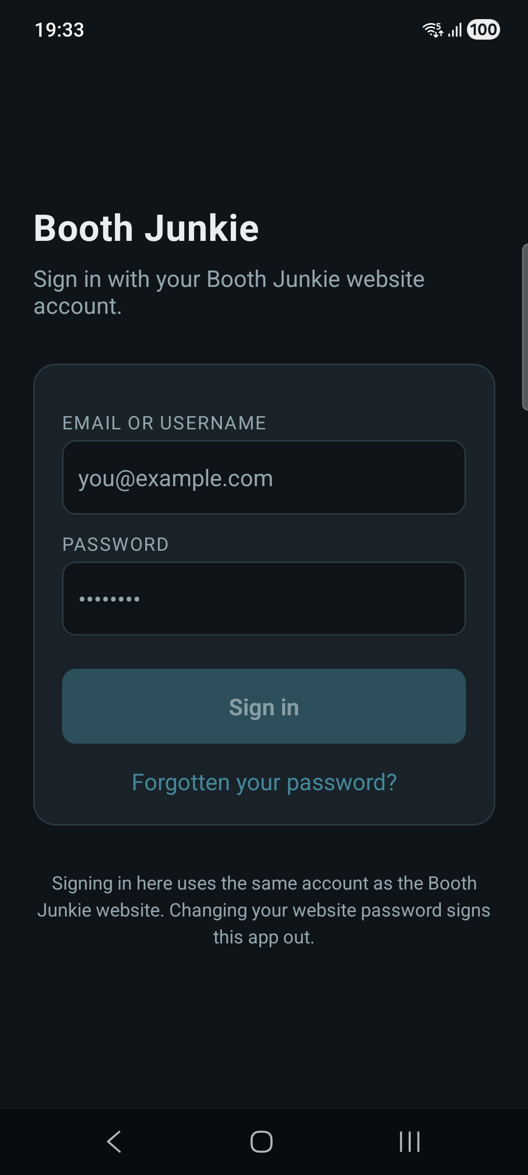 The Booth Junkie Connect sign-in screen, with email and password fields and a Forgotten your password? link