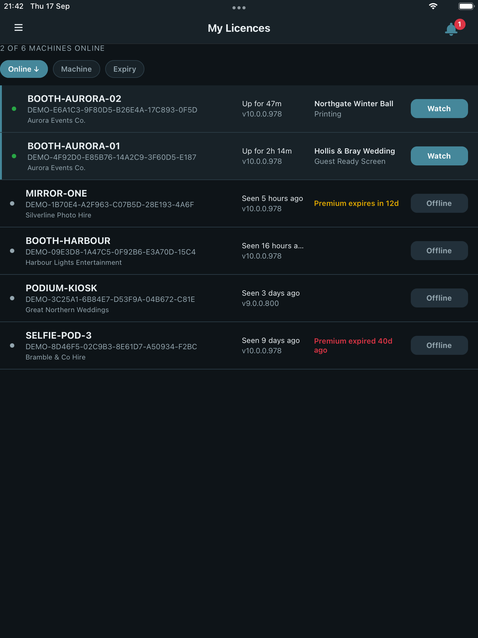 The Licences screen, listing machines with their online status, uptime, and Booth Junkie version