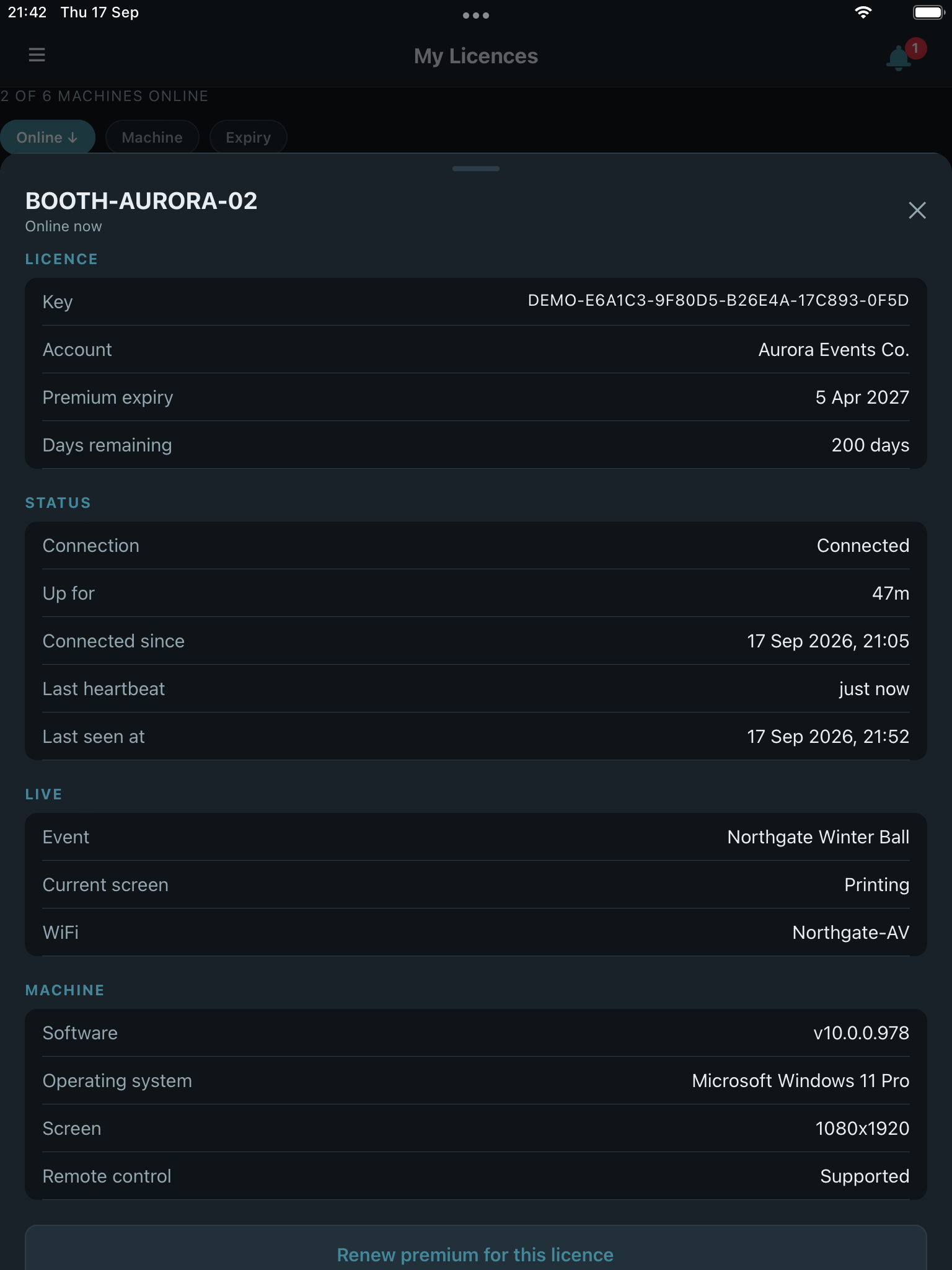 A licence's full details screen