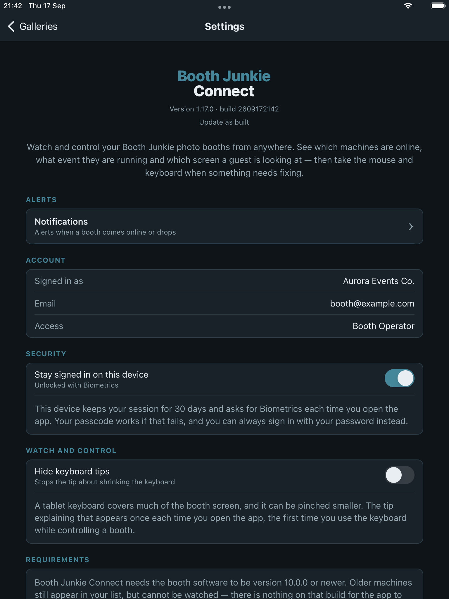 The top of the Settings screen, showing account details and the Stay signed in toggle