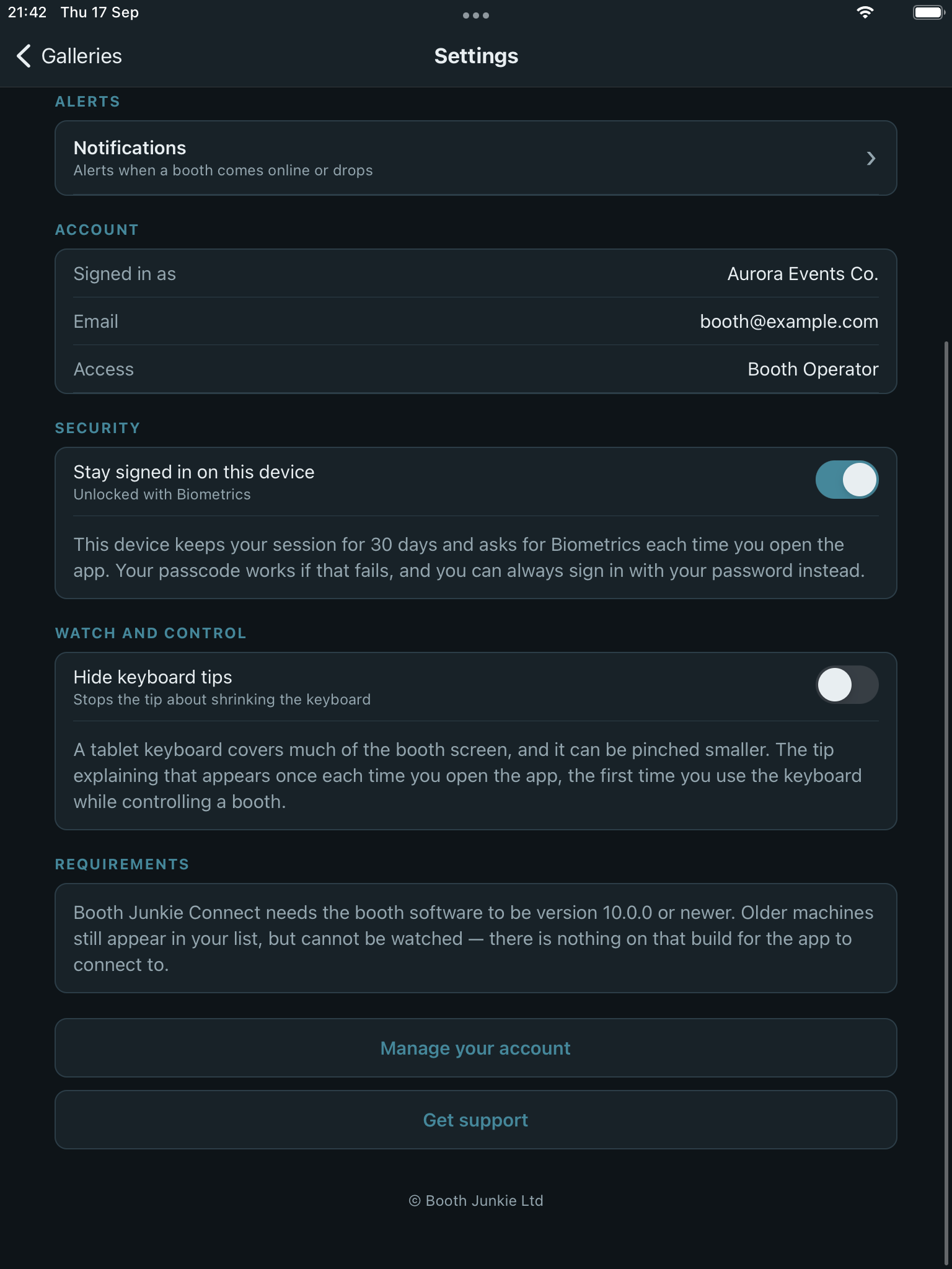 The lower half of Settings, showing the Hide keyboard tips toggle and Requirements