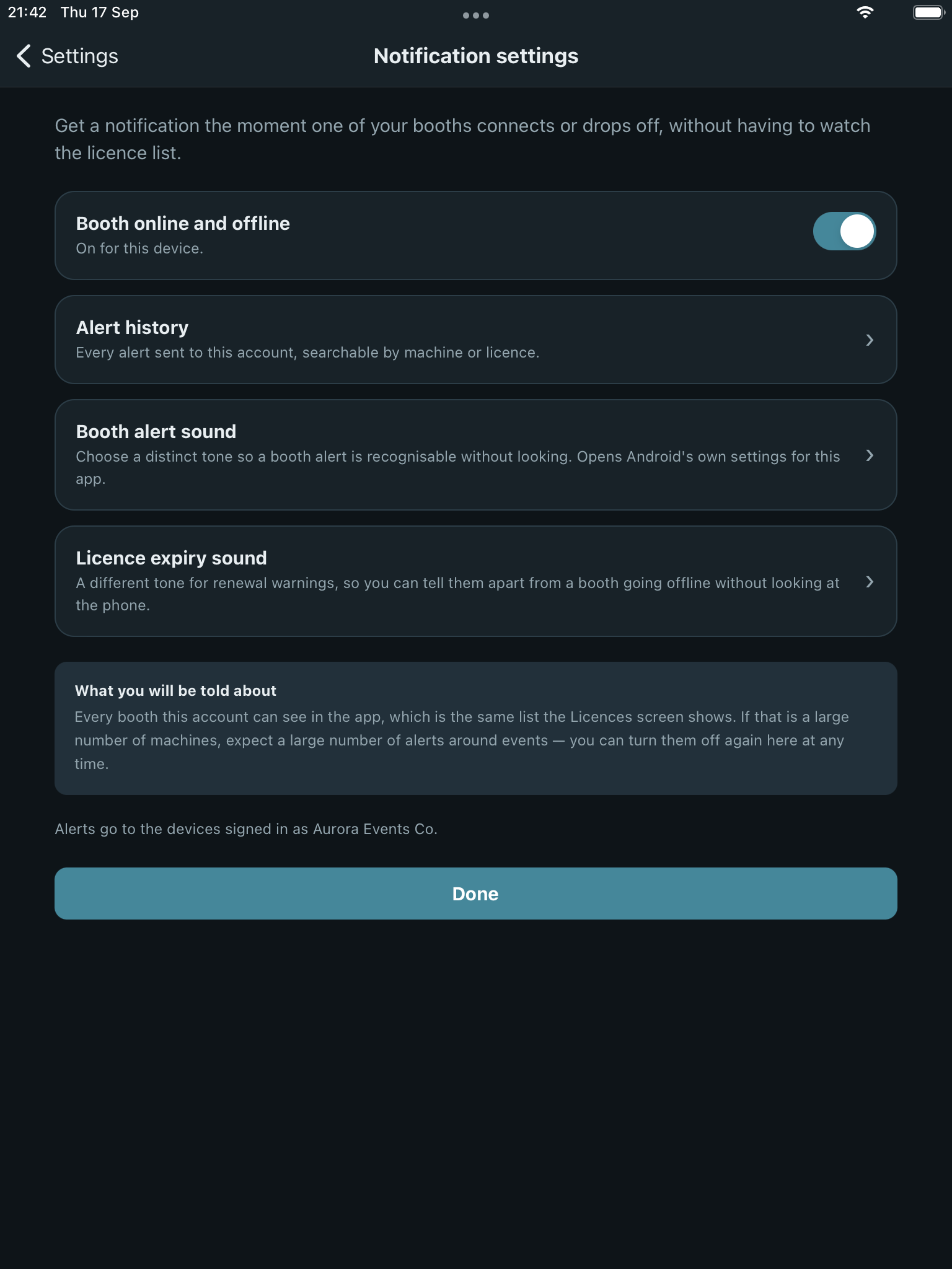 The Notifications screen, showing the Booth online and offline toggle, Alert history, and sound choices