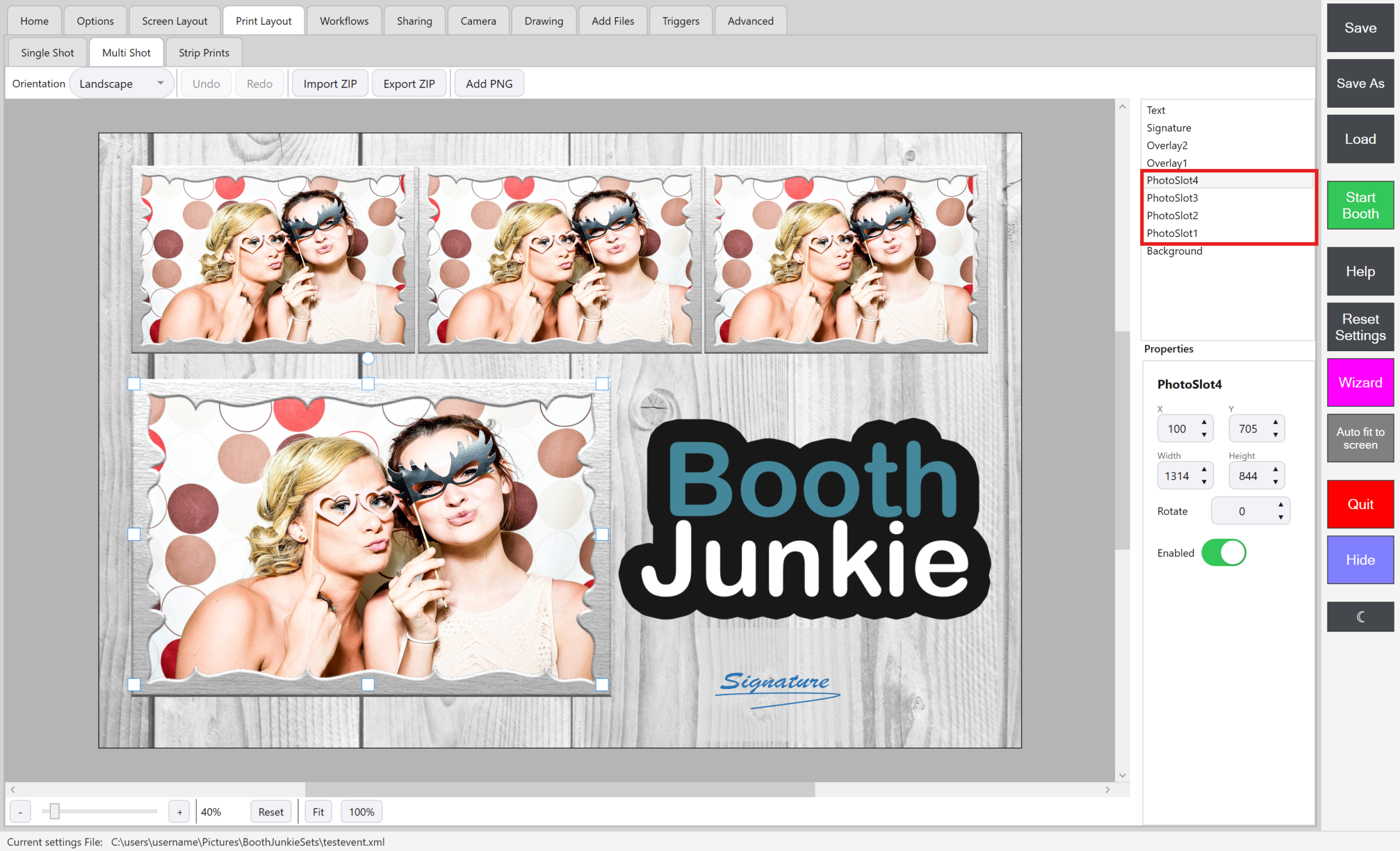 Print Layout -> Multi Shot, with its four PhotoSlots highlighted in the layers list