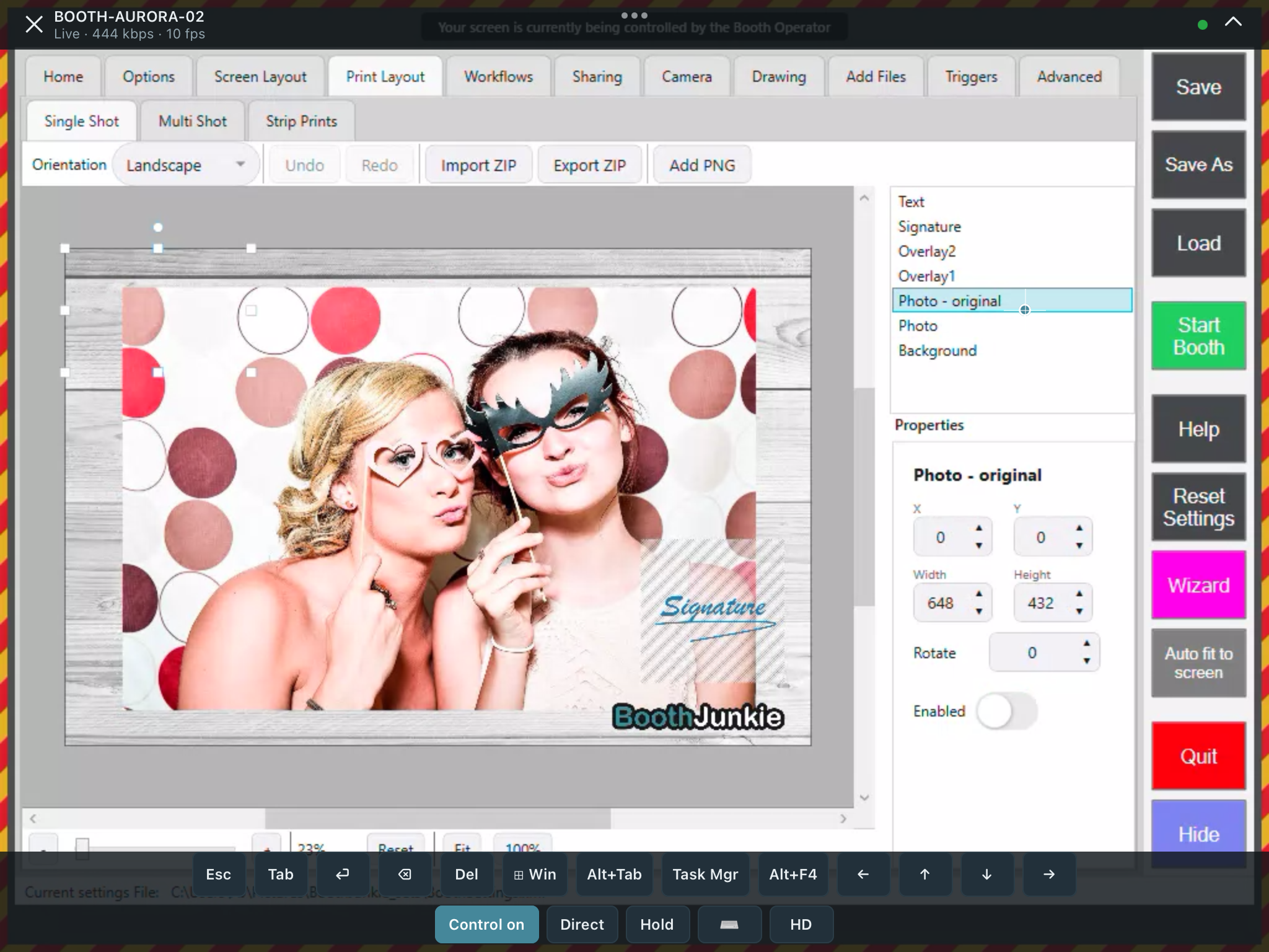 The toolbar once control is taken: Control on, with Trackpad, Hold and the keyboard enabled, and the key bar above