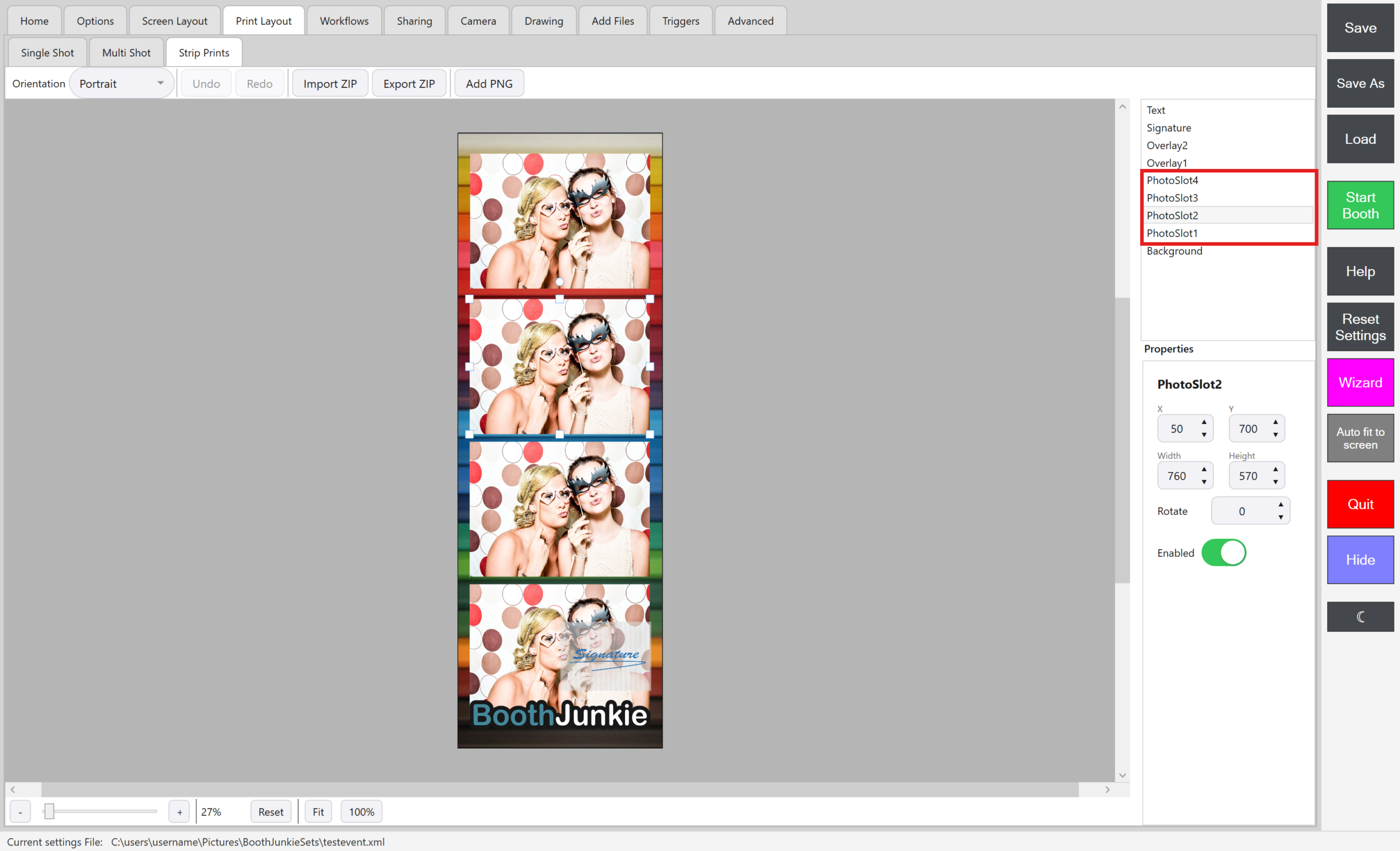 Print Layout -> Strip Prints, with its four PhotoSlots highlighted in the layers list