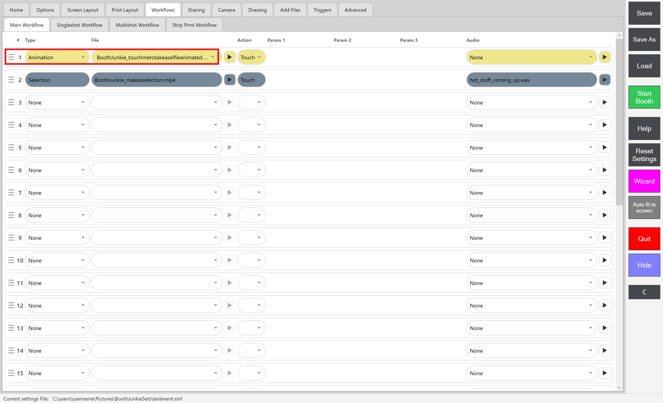 Admin Panel -> Workflows -> Main Workflow, with the first row's Type and File fields highlighted