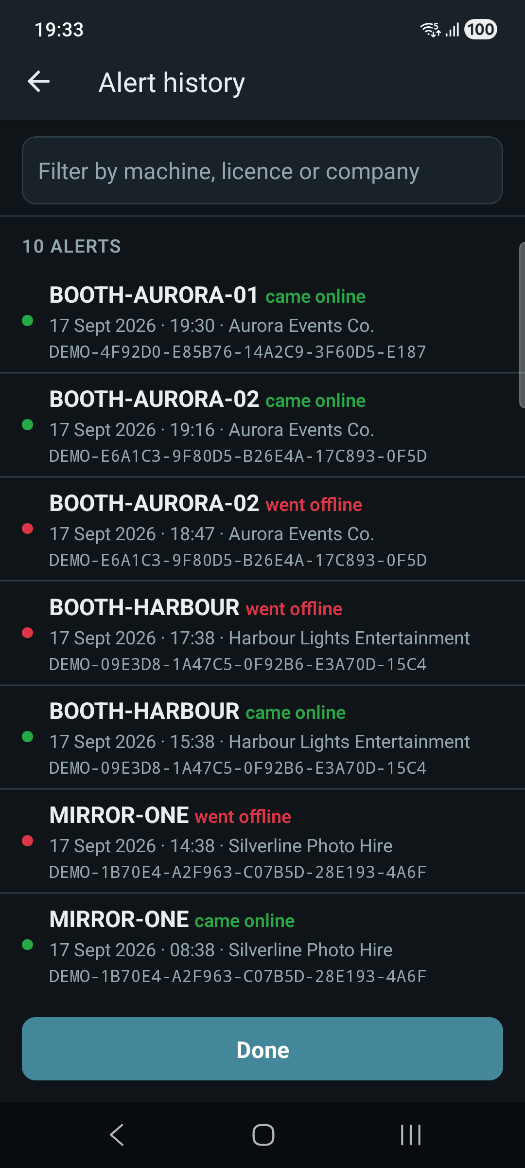 Alert history, filtered by machine, licence or company, listing when each booth came online or went offline