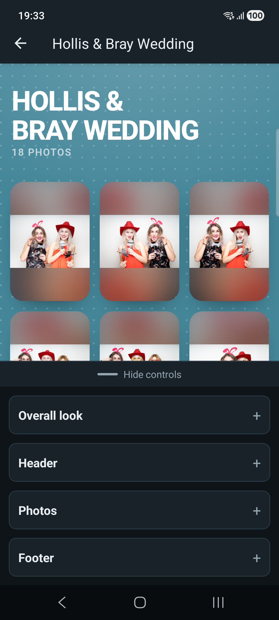 The Customiser's sections collapsed: Overall look, Header, Photos, Footer, and more below