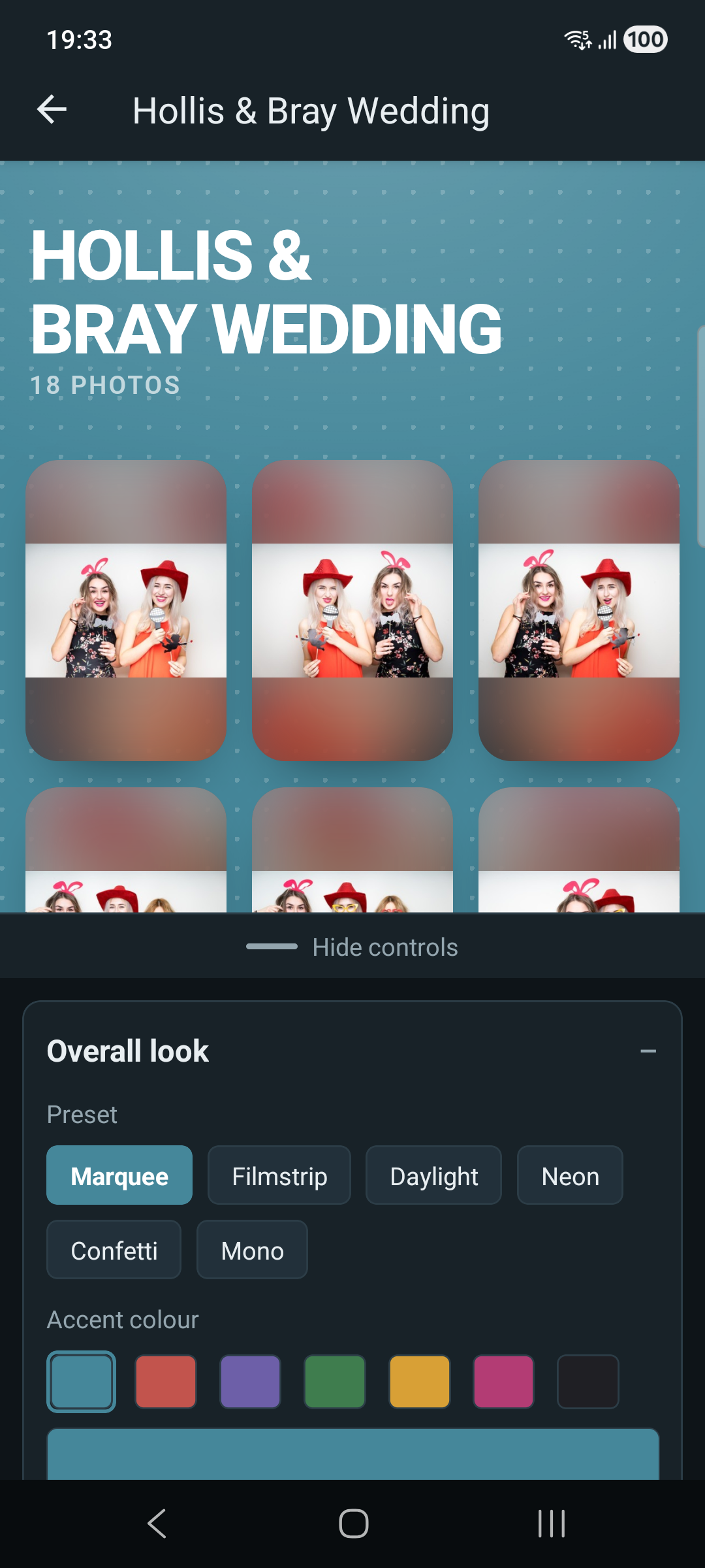 Overall look expanded, with the Marquee preset selected and the accent colour row