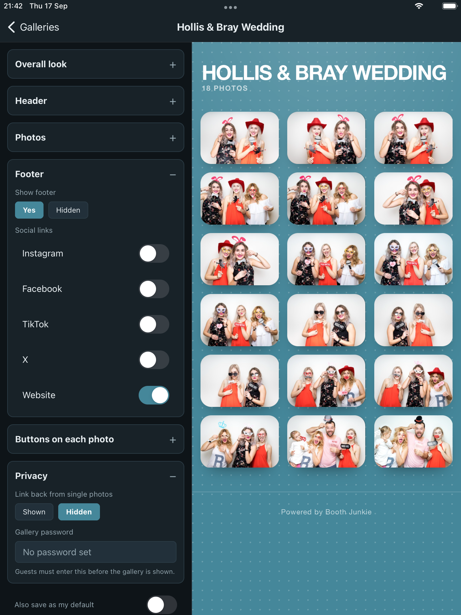 The Footer section, with social links to toggle on and off