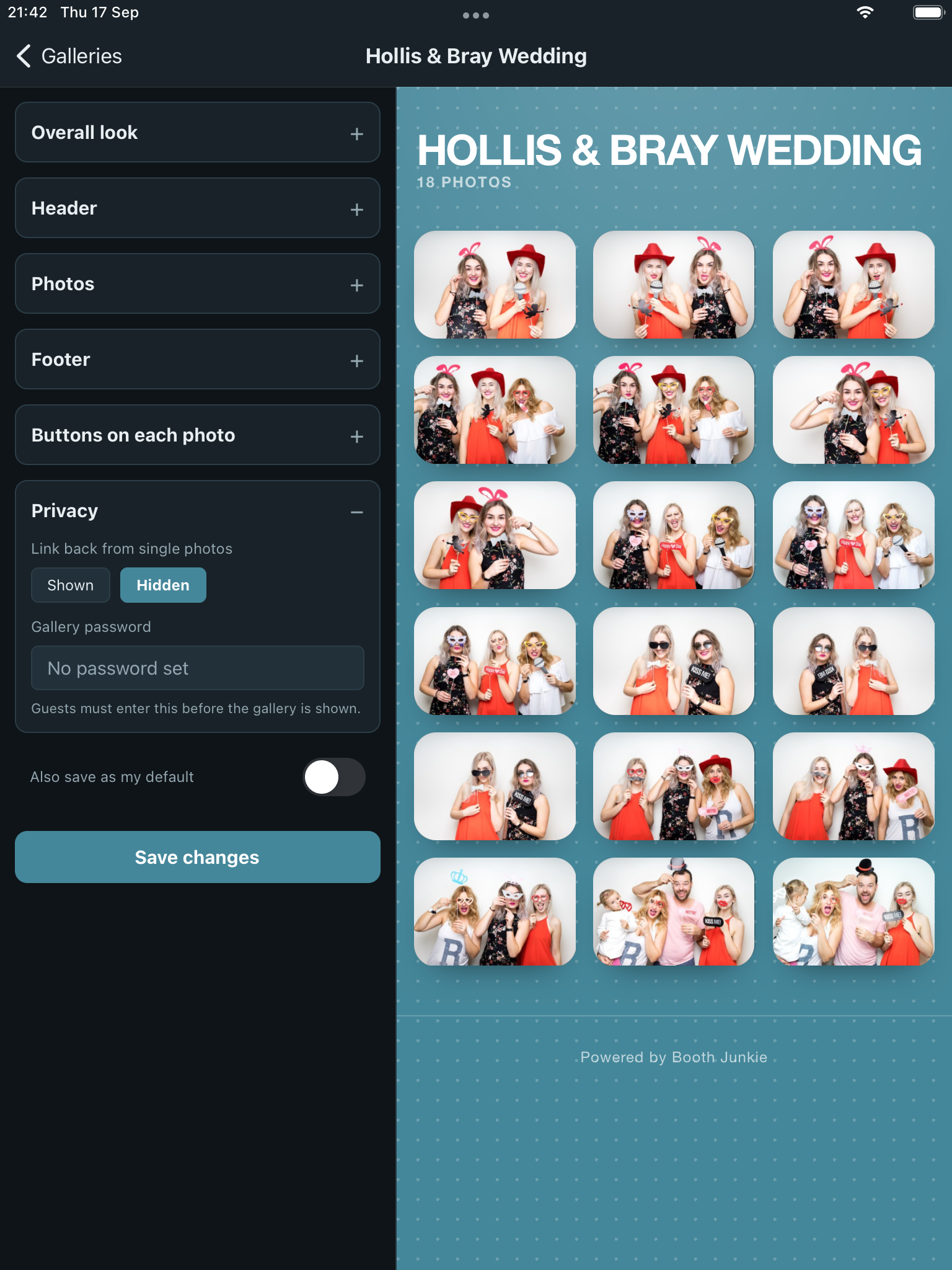 The Privacy section, with Link back from single photos, the gallery password field, and Save changes below