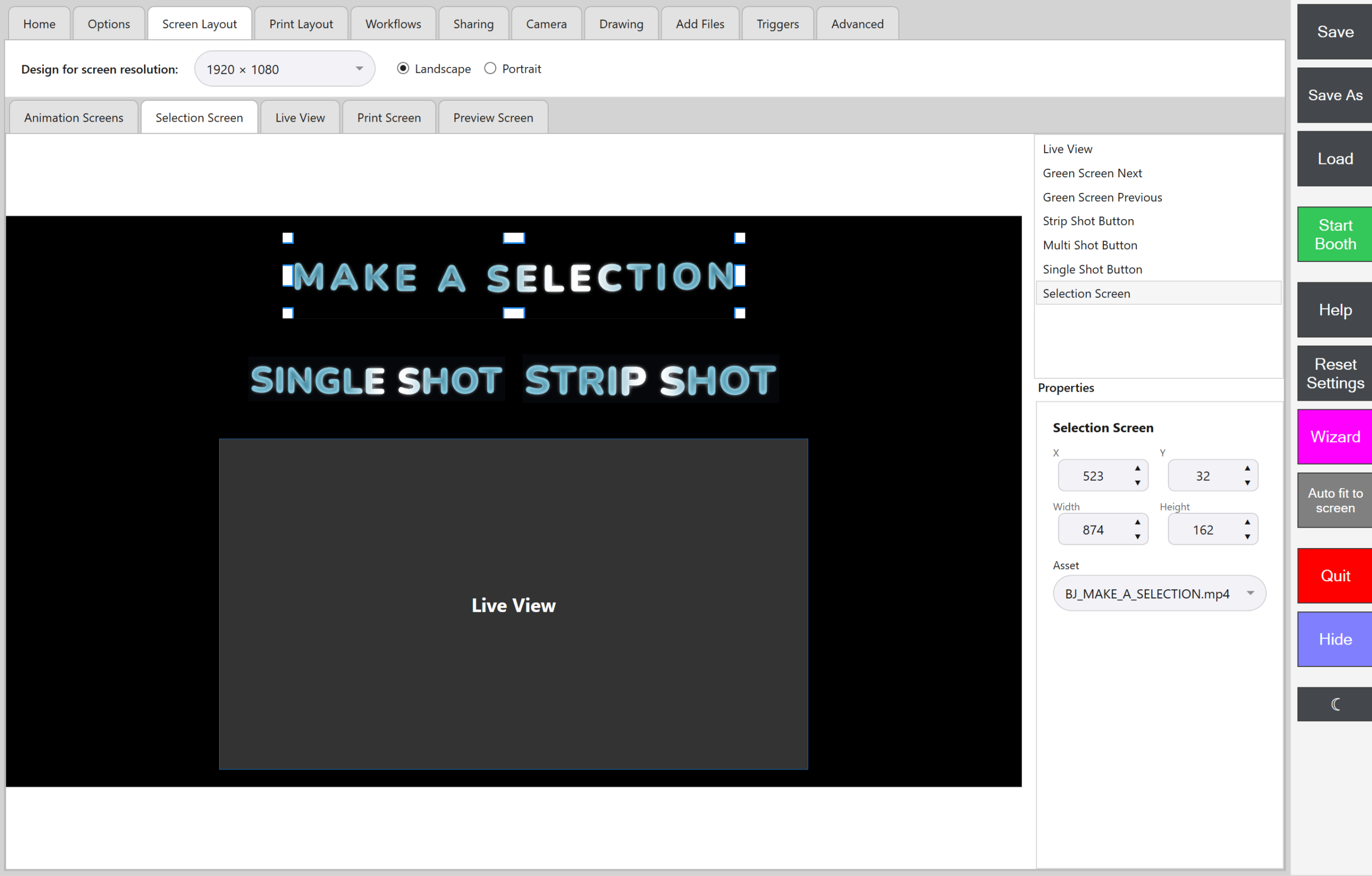 Admin Panel -> Screen Layout -> Selection Screen, designed for 1920 × 1080 Landscape, with the Selection Screen element selected round the MAKE A SELECTION header animation at the top of the canvas, its Asset dropdown under Properties set to BJ_MAKE_A_SELECTION.mp4, and the Single Shot and Strip Shot buttons and the Live View placeholder below it
