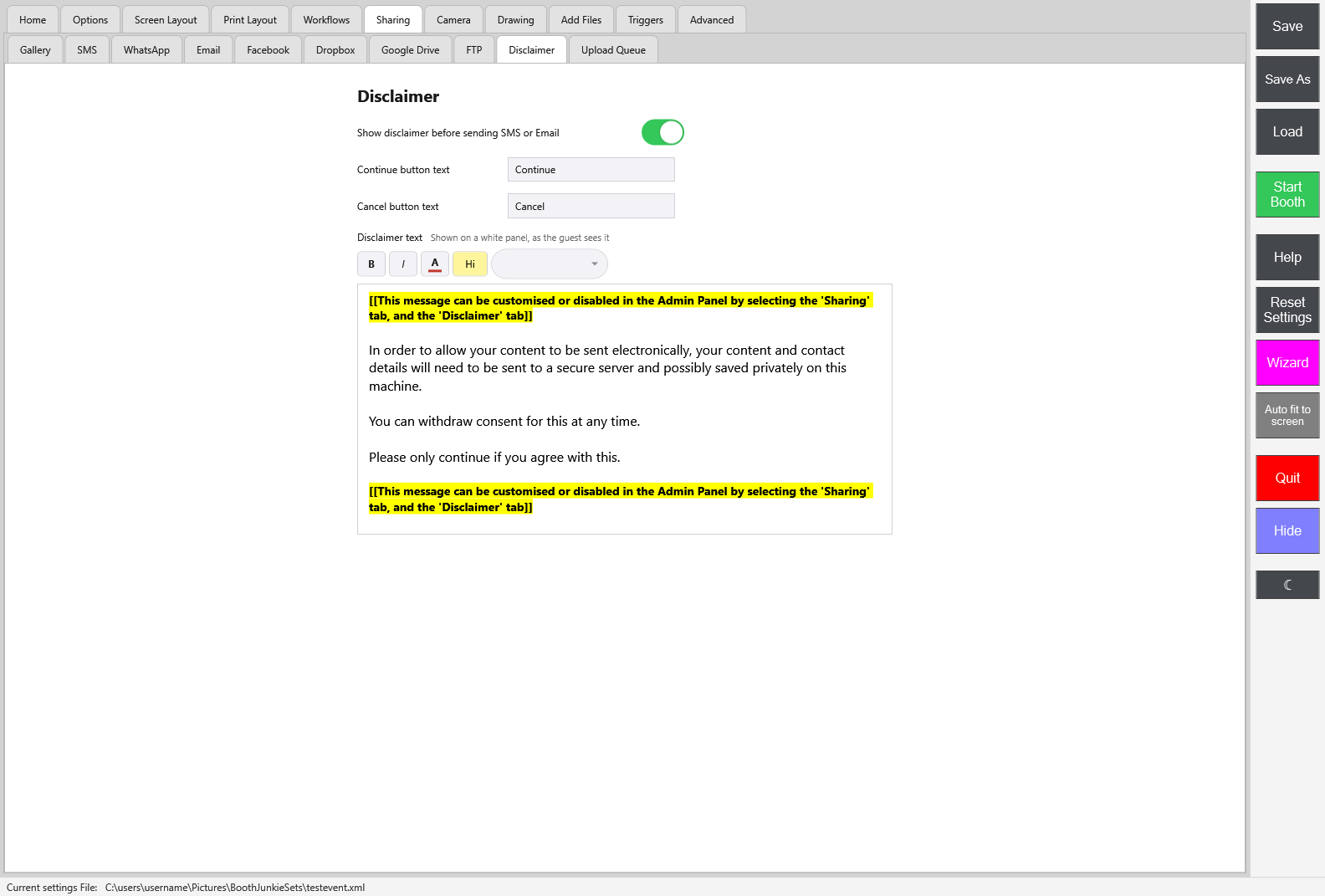Admin Panel -> Sharing -> Disclaimer with "Show disclaimer before sending SMS or Email" switched on, Continue button text and Cancel button text at their defaults of Continue and Cancel, and the framed white Disclaimer text editor with its B, I, A, Hi and size toolbar and the note "Shown on a white panel, as the guest sees it"
