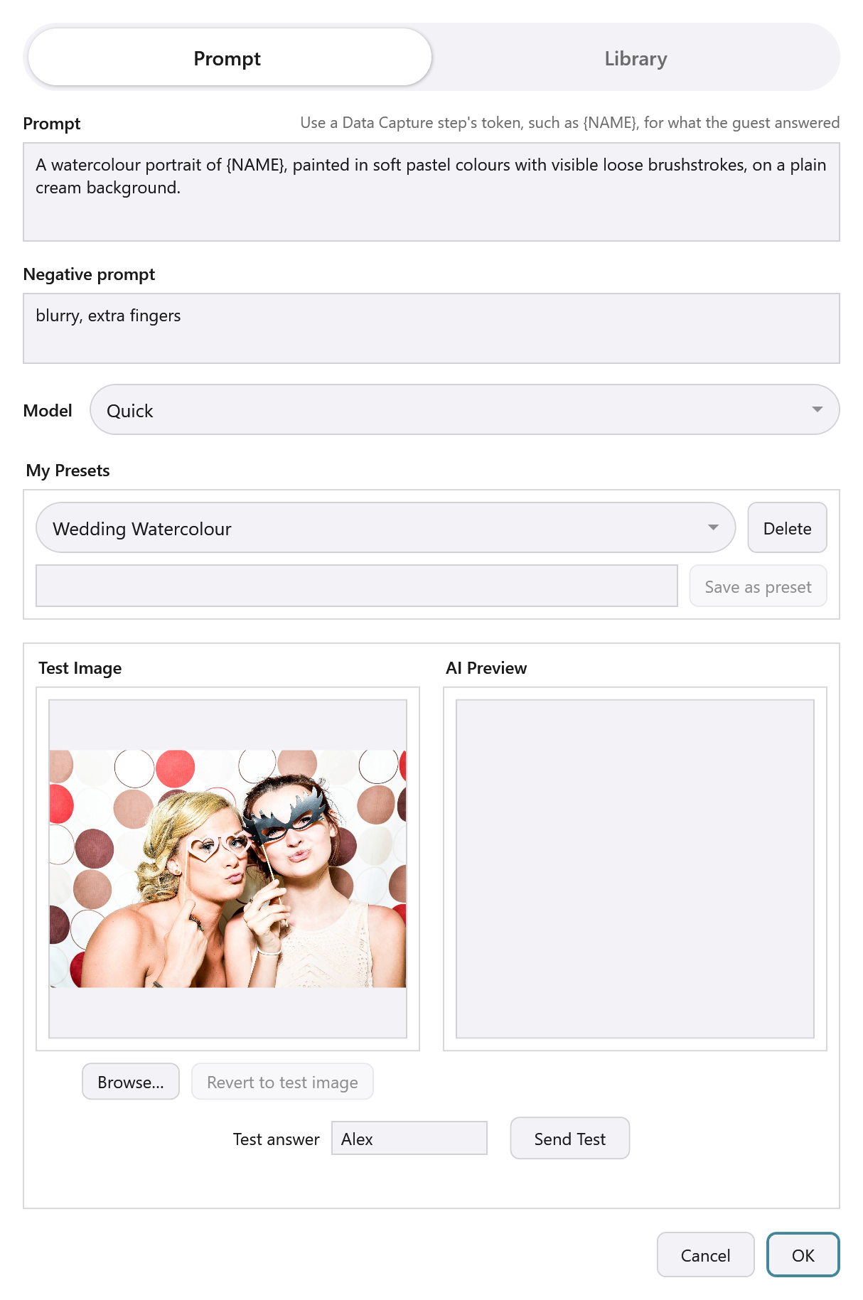 The Configure AI Processing dialog in Prompt mode, with the saved preset Wedding Watercolour selected under My Presets and its own watercolour portrait prompt in the Prompt box, Delete beside the dropdown, an empty name box with Save as preset greyed out, the token hint to the right of Prompt, and below them the standard test photo under Test Image beside an empty AI Preview, with Test answer set to Alex beside Send Test