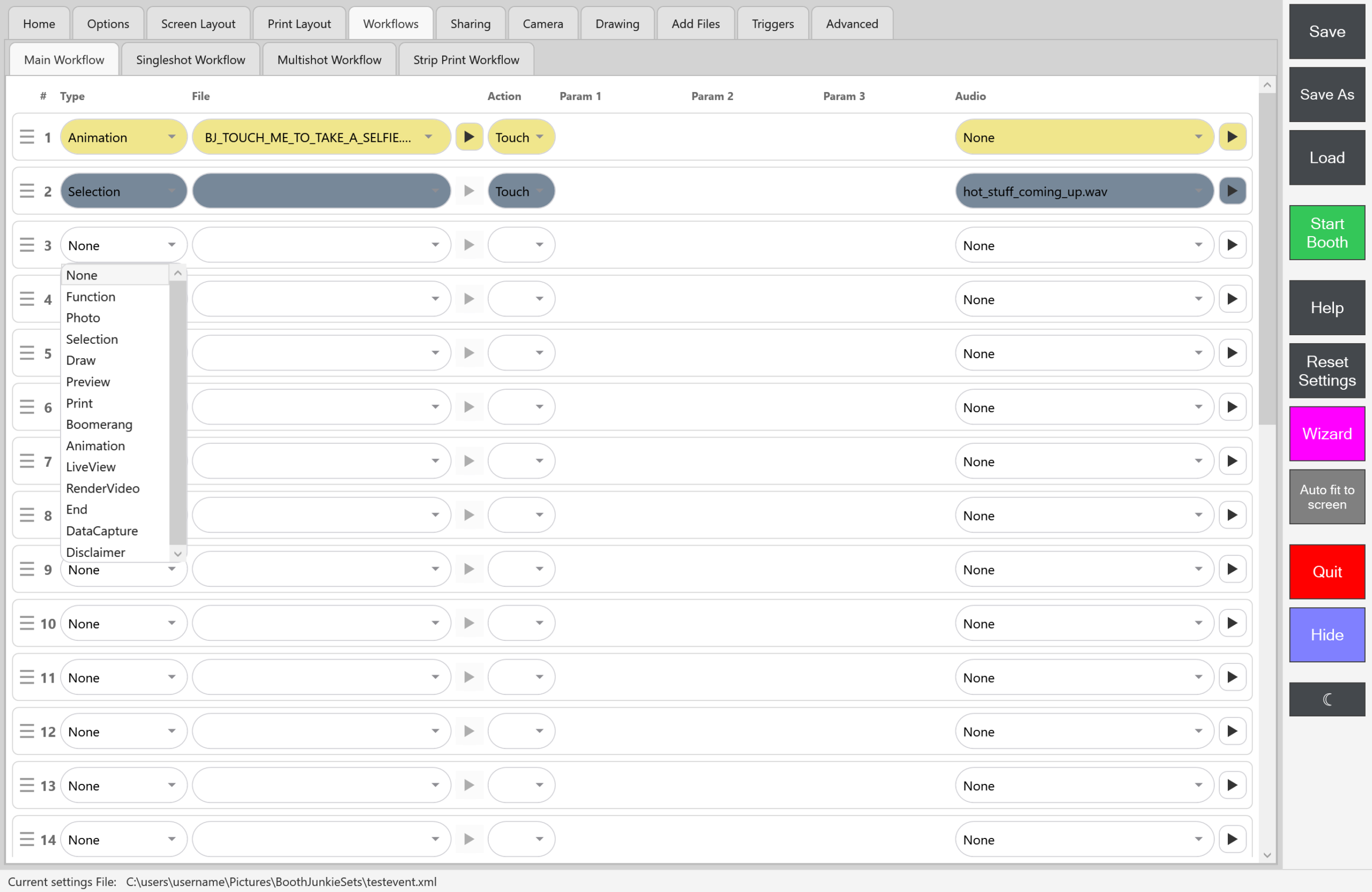 Admin Panel -> Workflows -> Main Workflow with its default rows, an Animation row and then a Selection row with its File left empty, and the Type dropdown open on blank row 3 listing the step types, including DataCapture and Disclaimer