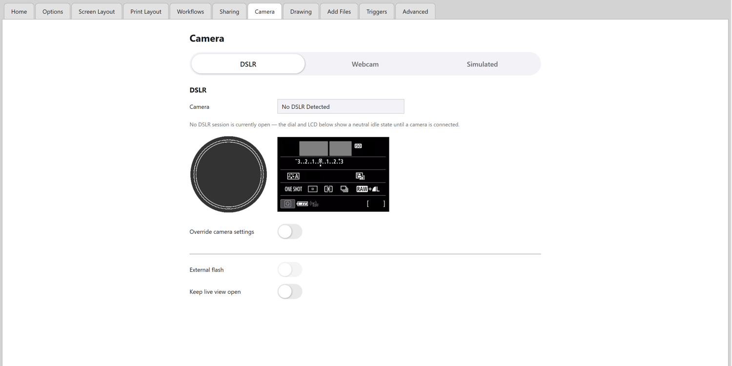 Admin Panel -> Camera, with the DSLR, Webcam and Simulated switch at the top