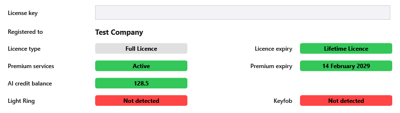 The licence block on Admin Panel -> Options -> General: License key (blanked out here), Registered to Test Company, Licence type Full Licence, Licence expiry Lifetime Licence, Premium services Active, Premium expiry 14 February 2029, AI credit balance 128.5, and Light Ring and Keyfob both Not detected