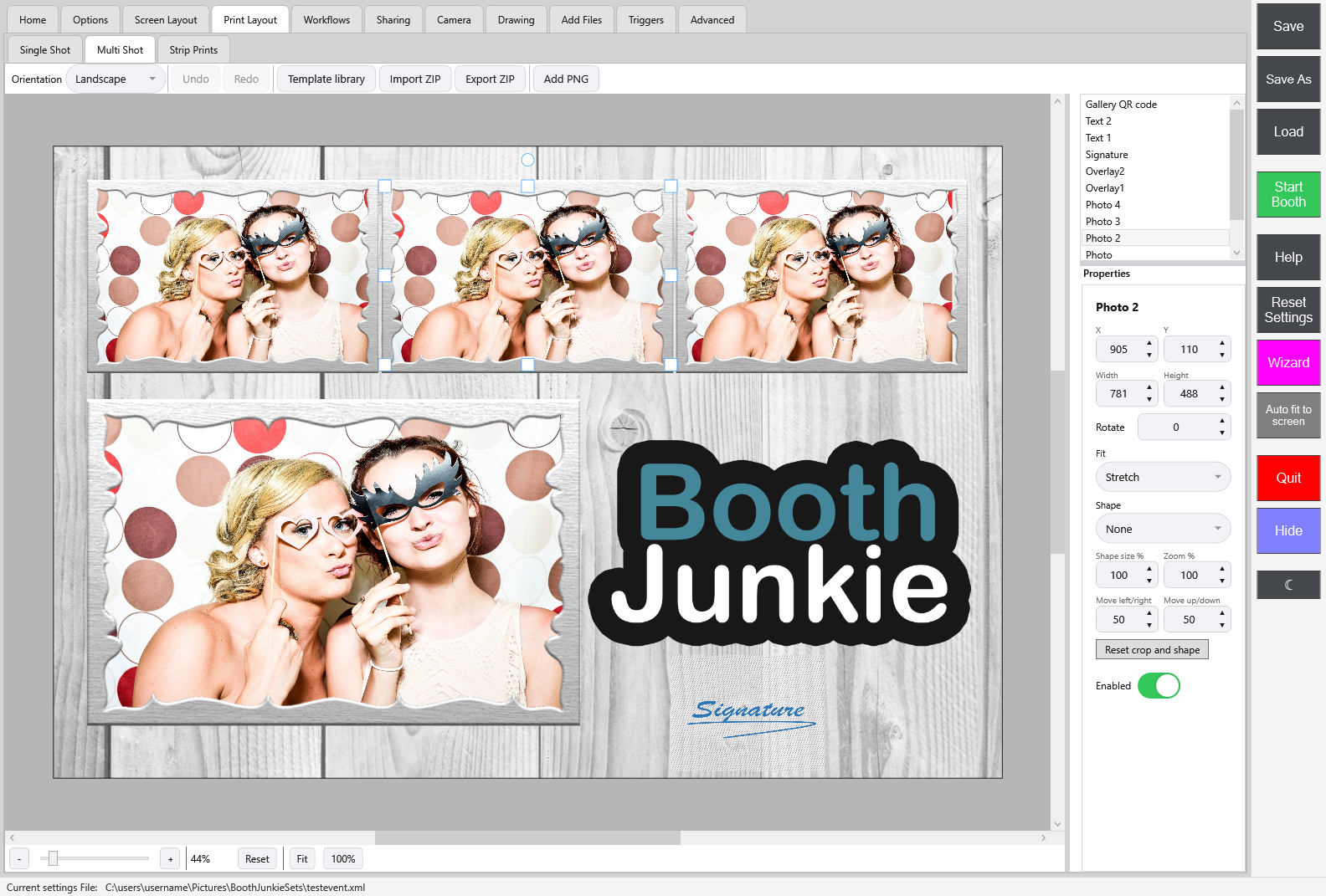 Print Layout -> Multi Shot, with the four photo layers Photo, Photo 2, Photo 3 and Photo 4 in the layer list, and Photo 2 selected to show its Fit, Shape and crop settings