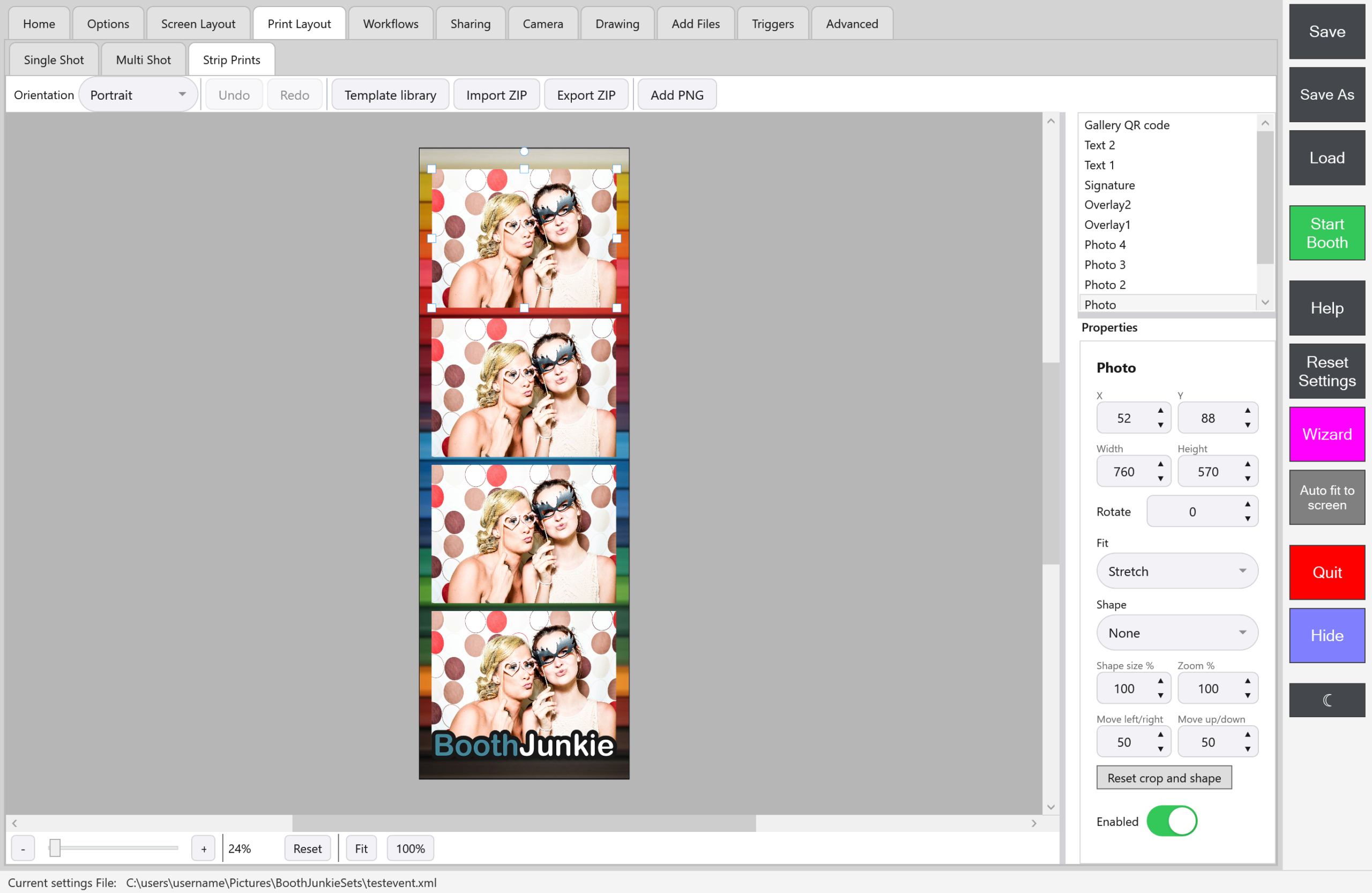 Print Layout -> Strip Prints in Portrait, with four photos stacked down the strip, the photo layers Photo, Photo 2, Photo 3 and Photo 4 in the layer list, and Photo selected to show its Fit, Shape and crop settings