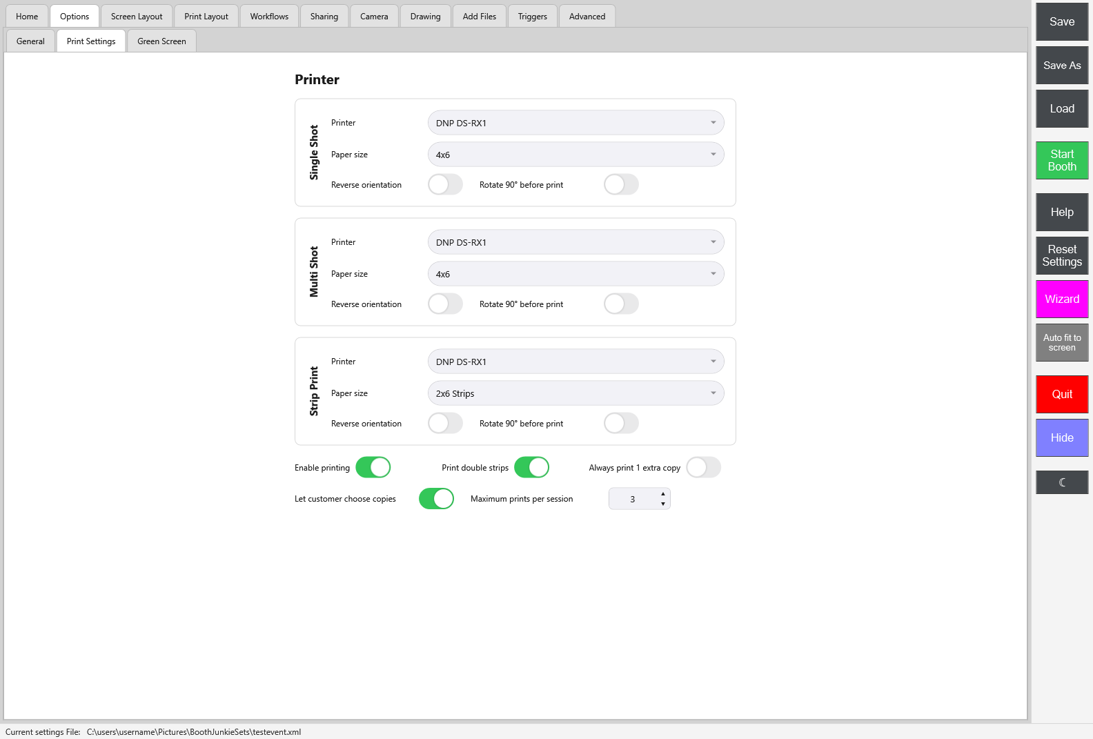 Admin Panel -> Options -> Print Settings, with separate Single Shot, Multi Shot and Strip Print blocks, each with its own Printer (DNP DS-RX1 here), Paper size (4x6, 4x6 and 2x6 Strips), Reverse orientation and Rotate 90° before print, and below them Enable printing, Print double strips, Always print 1 extra copy, Let customer choose copies and Maximum prints per session