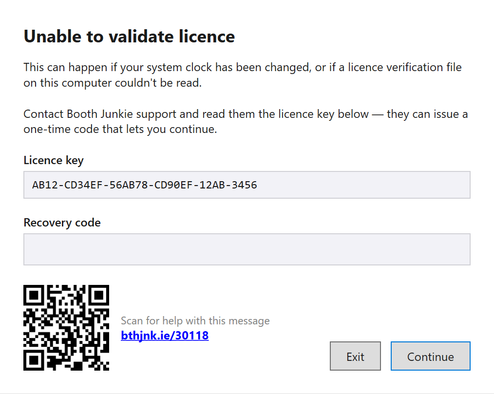 The Licence error #163 window, with the Licence key and Recovery code boxes, a QR code for help, and Exit and Continue buttons