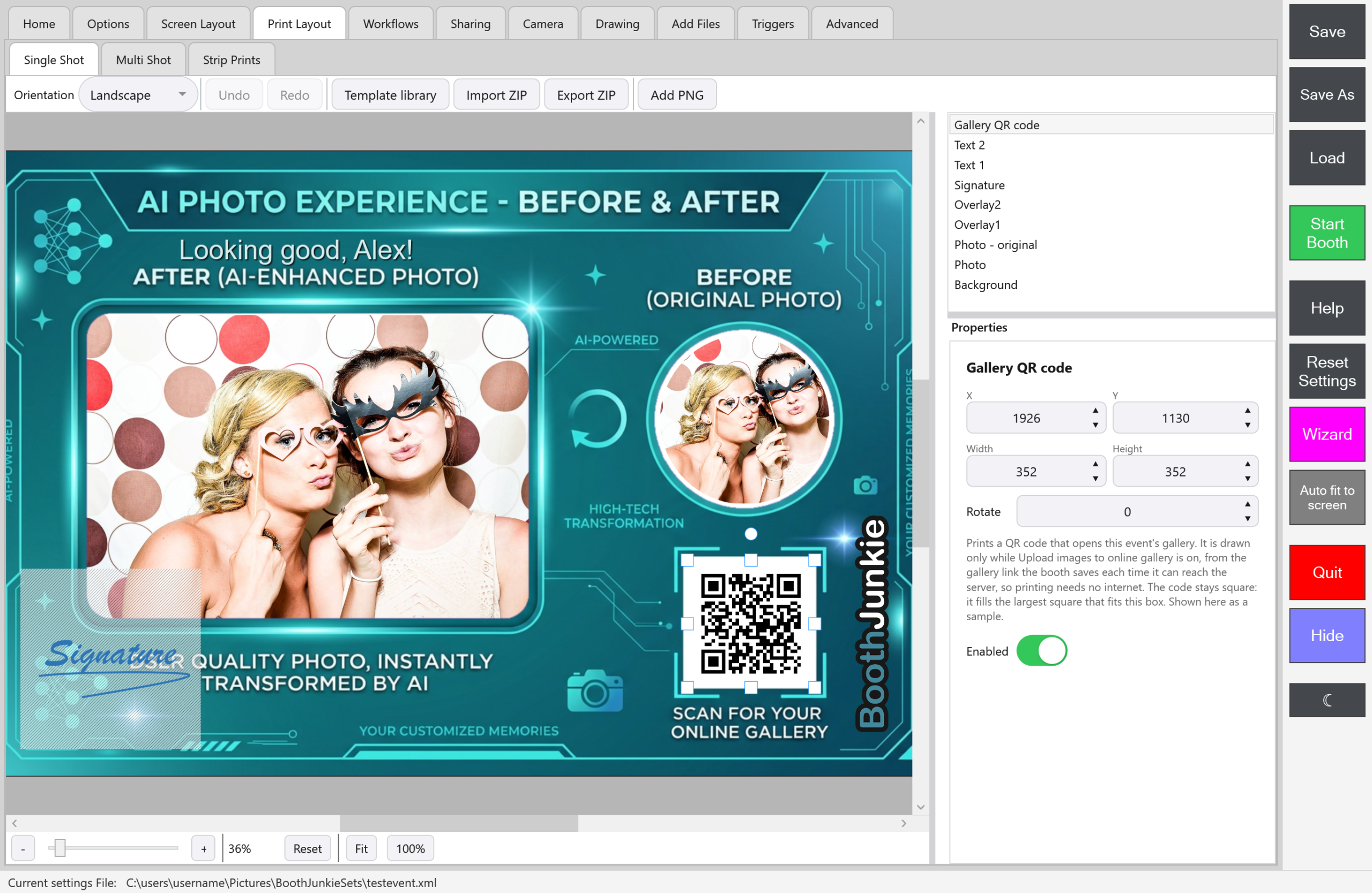 The Print Layout editor on Single Shot with the Gallery QR code layer selected and Enabled switched on, a sample code in the white QR panel at the bottom right of the print, and the layer's note in Properties