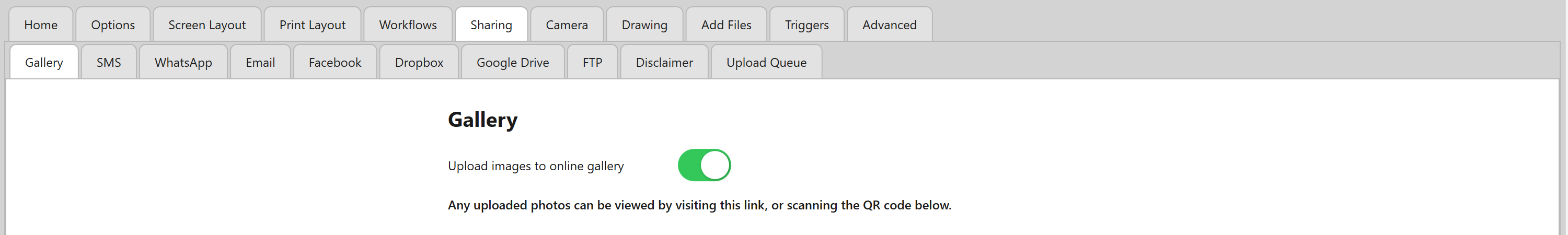 Admin Panel -> Sharing -> Gallery, with the Upload images to online gallery switch on