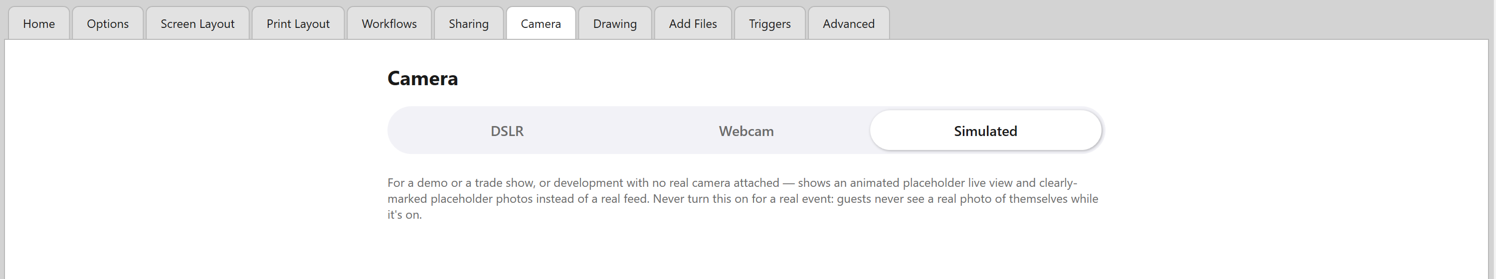 Admin Panel -> Camera, with the switch set to Simulated and the note about the simulated camera underneath