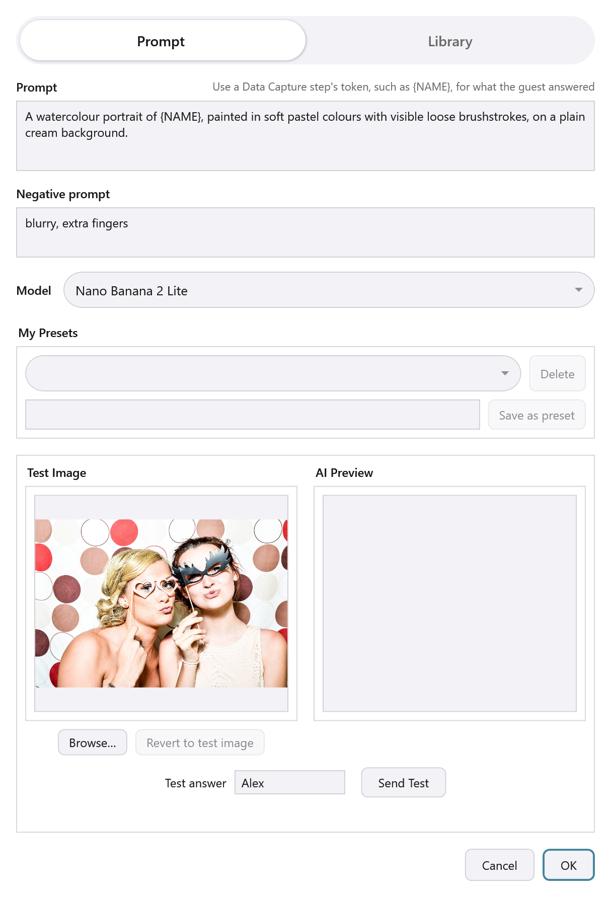 Configure AI Processing in Prompt mode, with a watercolour portrait prompt that uses {NAME}, the hint "Use a Data Capture step's token, such as {NAME}, for what the guest answered" to the right of Prompt, the standard test photo under Test Image beside an empty AI Preview, and the Test answer box showing Alex beside Send Test